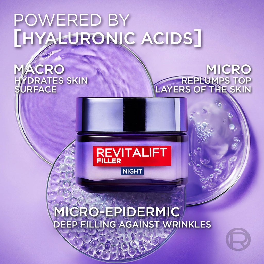 L'Or'eal Paris Night Cream, Revitalift Filler Replumping Anti-Ageing Hyaluronic Acid Night Cream, Smooth Wrinkles, Moisturise, and Replumps Skin with Micro and Micro-Epidermic Hyaluronic Acid, 50ml - Damaged Box