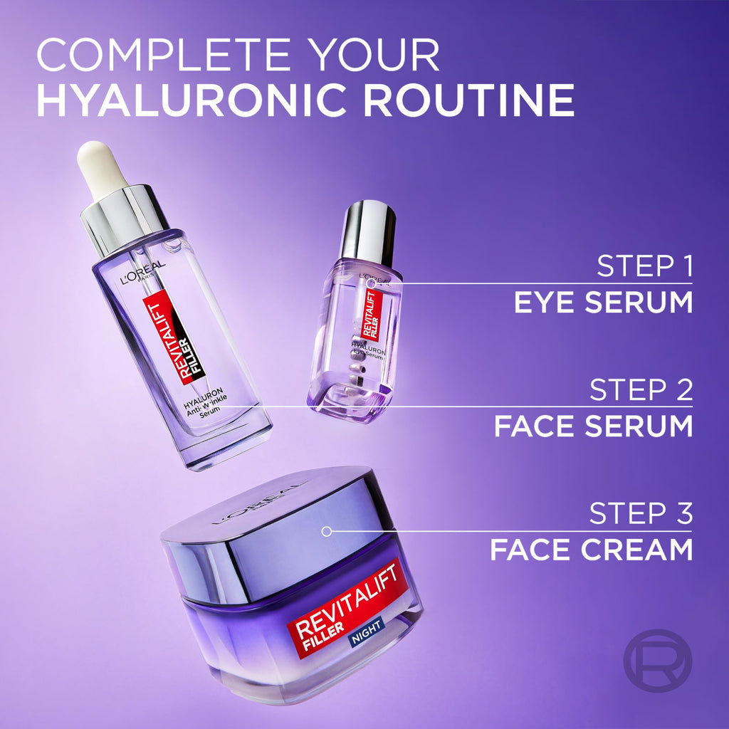 L'Or'eal Paris Night Cream, Revitalift Filler Replumping Anti-Ageing Hyaluronic Acid Night Cream, Smooth Wrinkles, Moisturise, and Replumps Skin with Micro and Micro-Epidermic Hyaluronic Acid, 50ml - Damaged Box