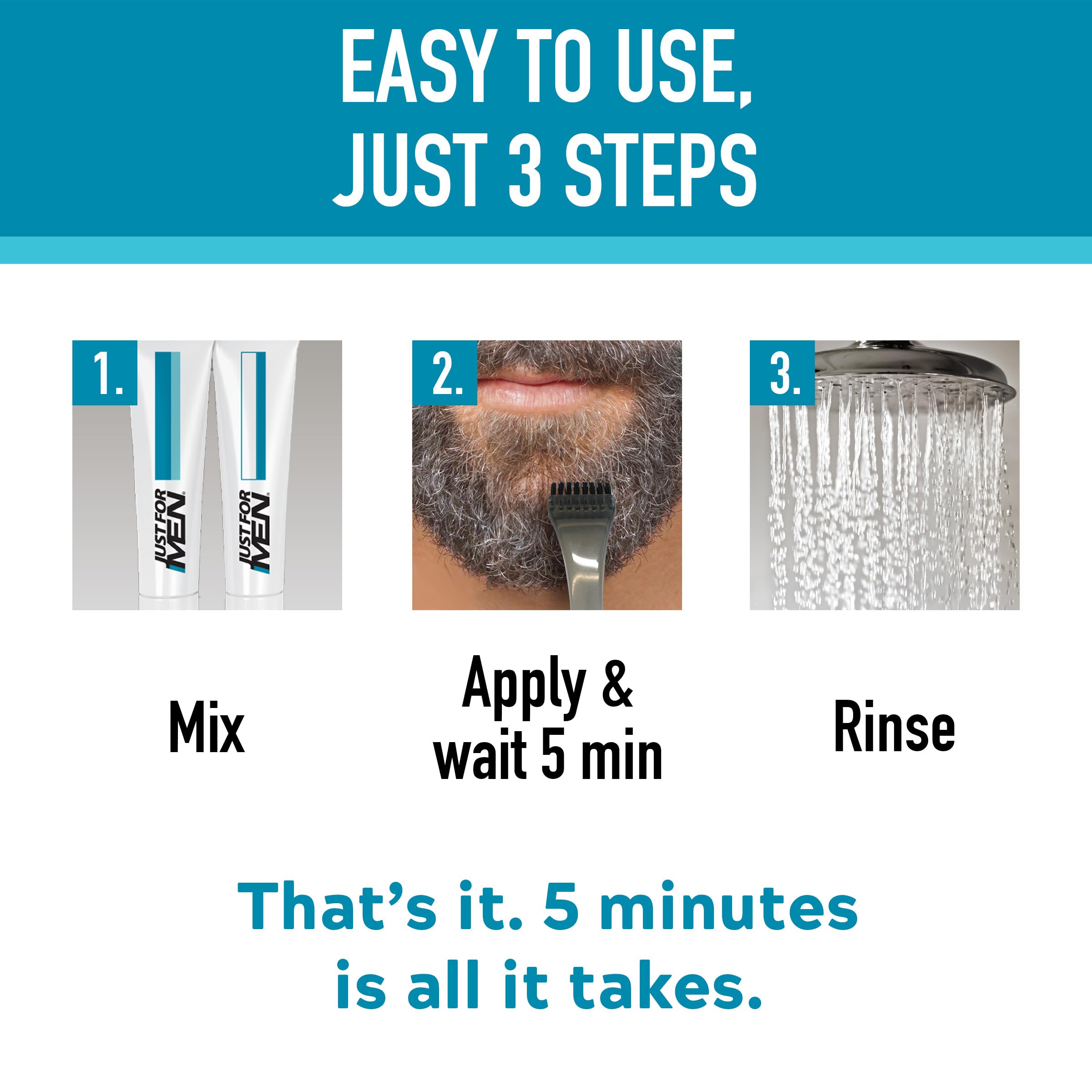 Just for men Moustache & Beard Real Black Dye , Eliminates Grey for a Thicker & Fuller Look M55 - Damaged Box