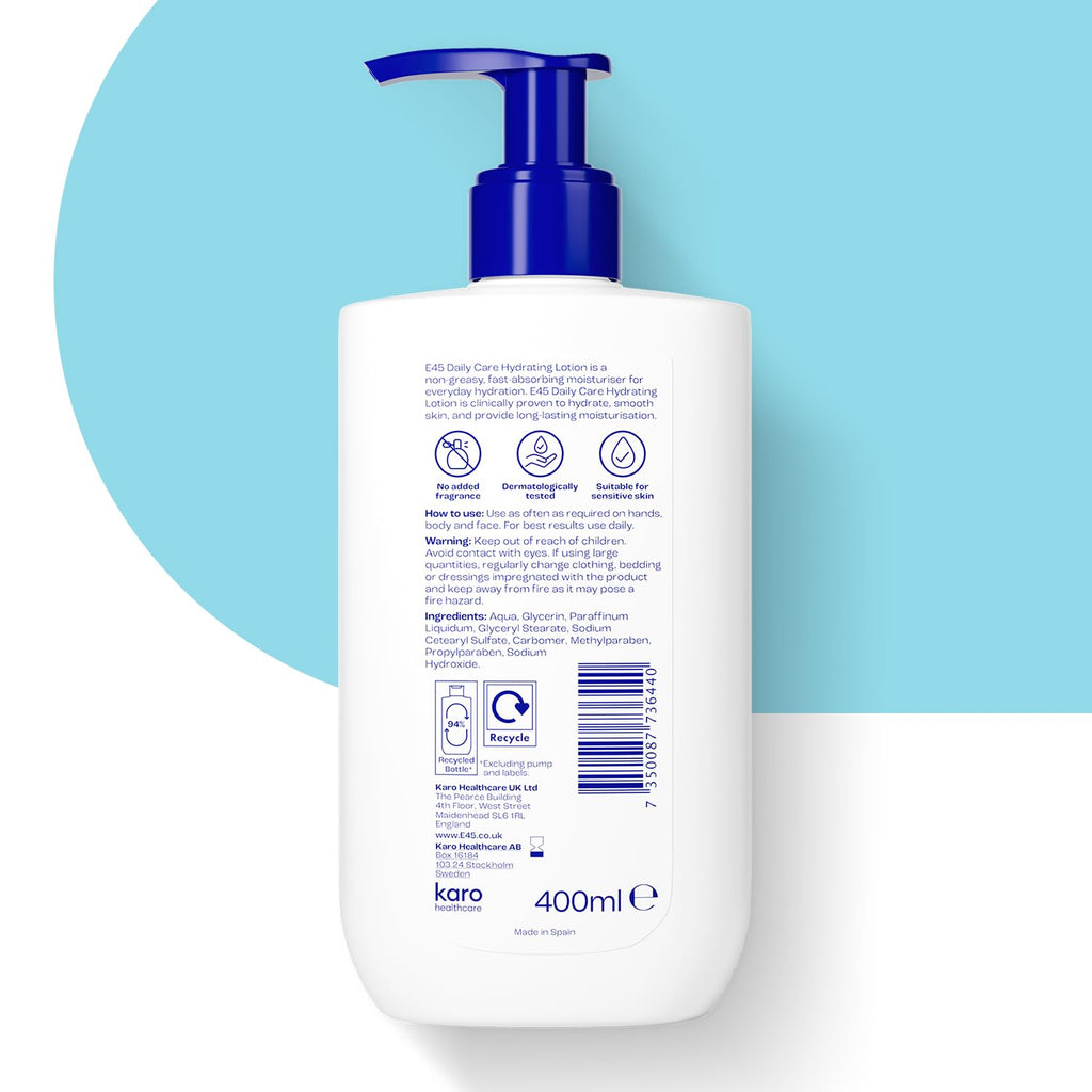 E45 Daily Lotion 400ml - Hydrating, Non-Greasy, Perfume-Free Moisturiser for Face, Hand & Body - All Skin Types - Damaged Box