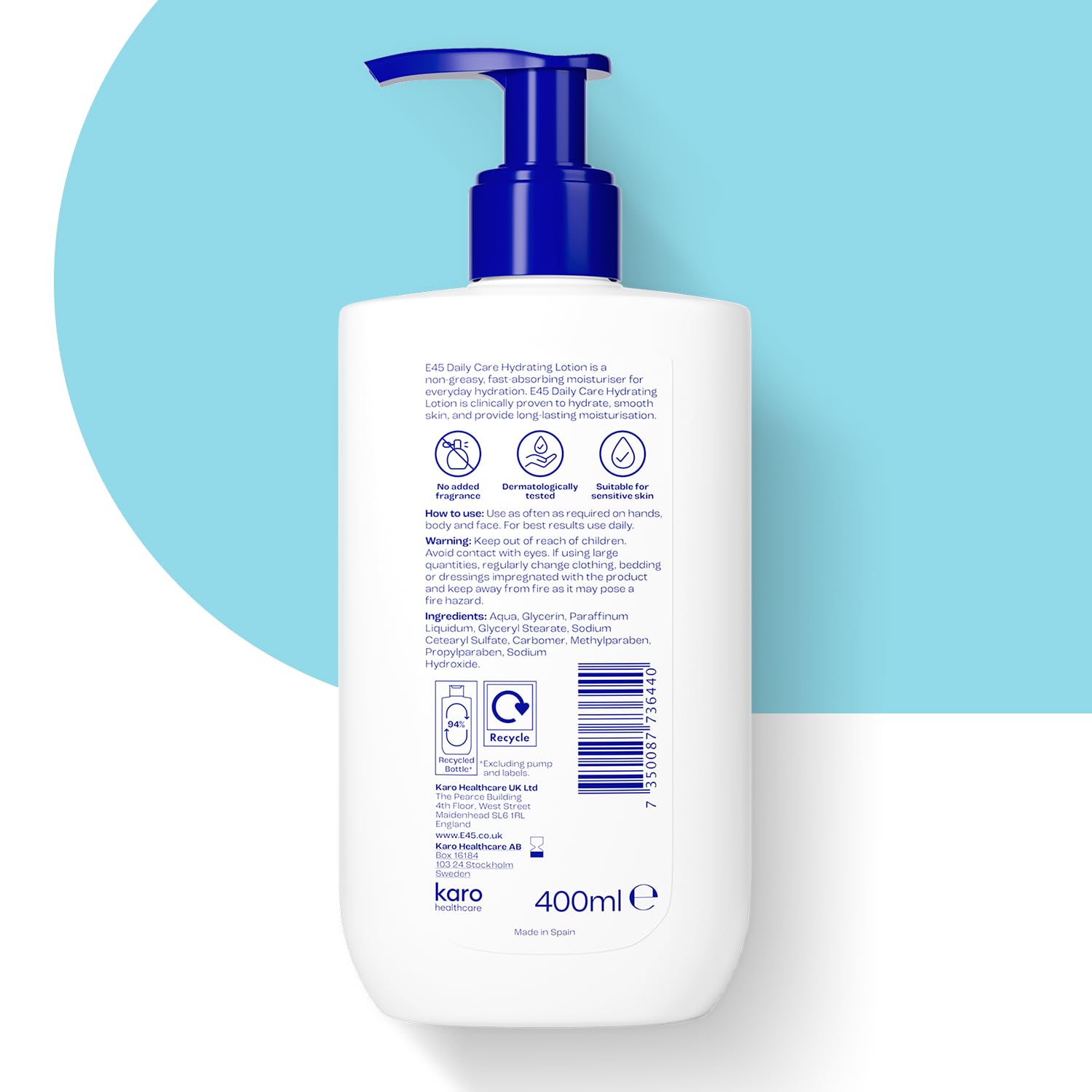 E45 Daily Lotion 400ml - Hydrating, Non-Greasy, Perfume-Free Moisturiser for Face, Hand & Body - All Skin Types - Damaged Box