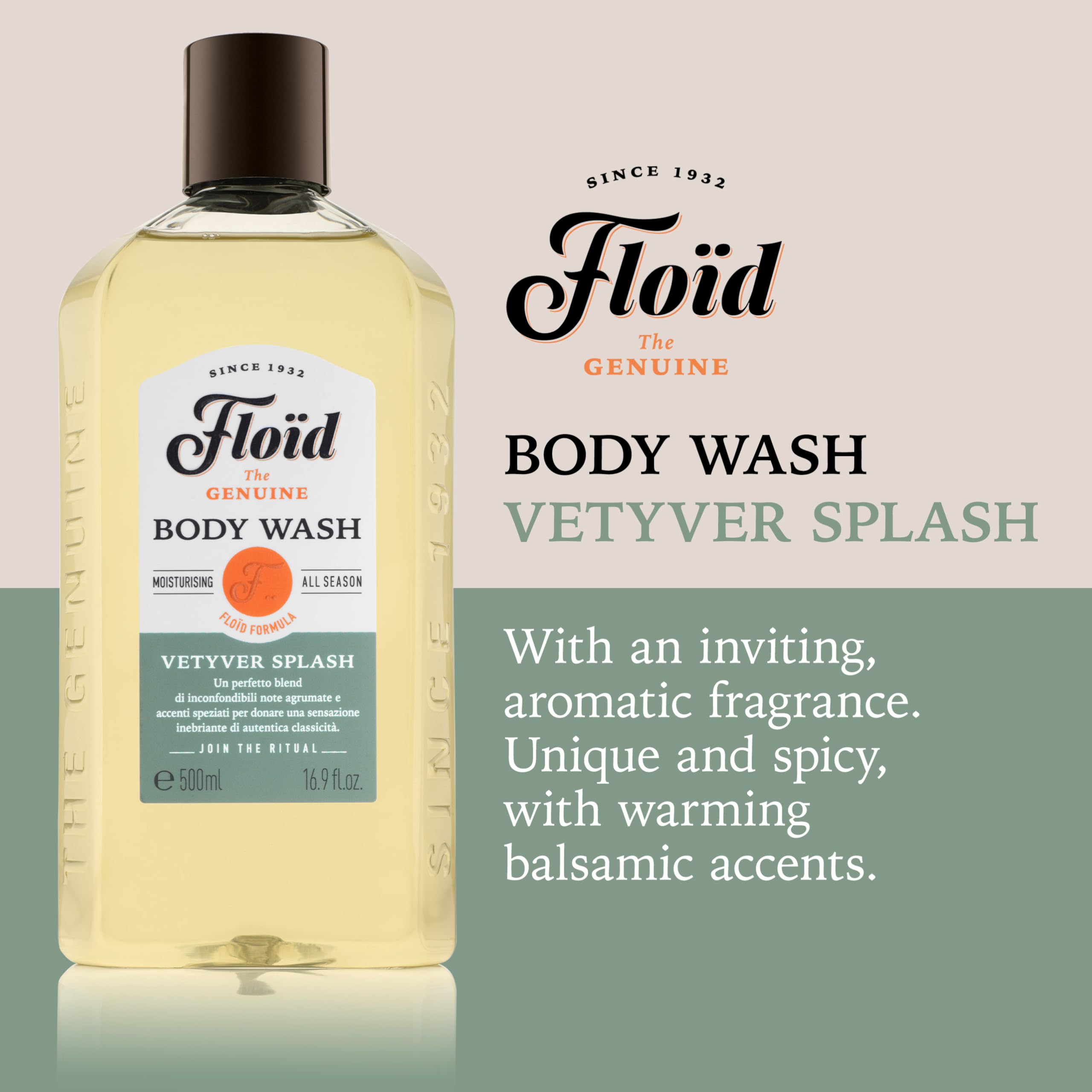 Floid Vetyver Splash Body Wash (500ml), Men's Body Wash Cleanses, Moisturises, and Purifies Skin without Drying it Out, Nourishing Skin Care with an Unmistakable Scent