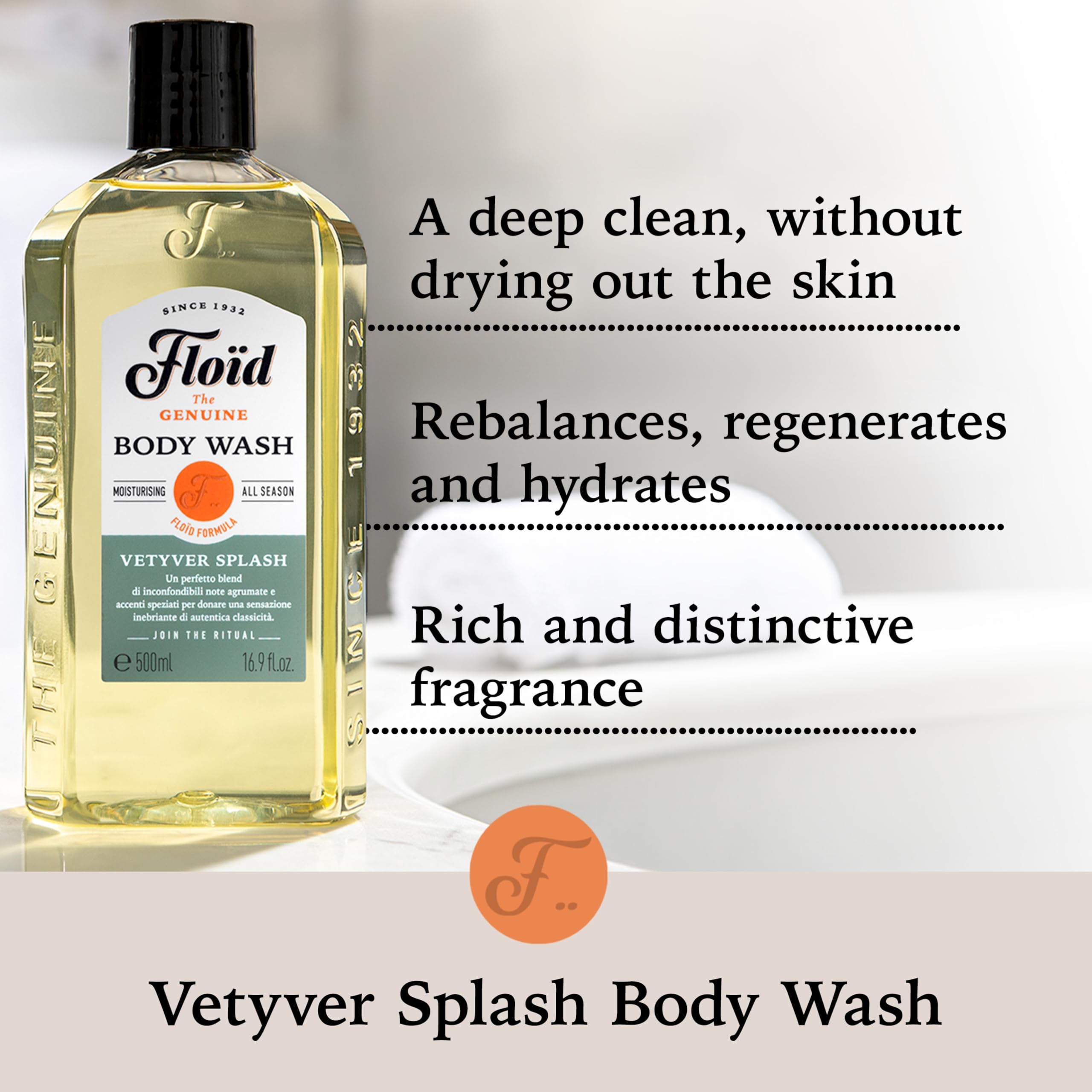 Floid Vetyver Splash Body Wash (500ml), Men's Body Wash Cleanses, Moisturises, and Purifies Skin without Drying it Out, Nourishing Skin Care with an Unmistakable Scent