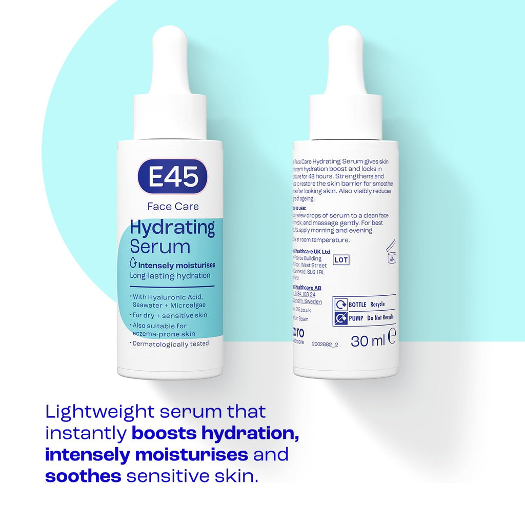 E45 Face Hydrating Serum - Instant 48-Hour Hyaluronic Acid Formula for Dry, Sensitive & Eczema Prone Skin - Rehydrating & Reinvigorating Serum - Perfume Free - Dermatologically Tested - 30ml - BBE 01/2028