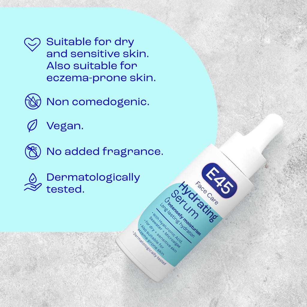 E45 Face Hydrating Serum - Instant 48-Hour Hyaluronic Acid Formula for Dry, Sensitive & Eczema Prone Skin - Rehydrating & Reinvigorating Serum - Perfume Free - Dermatologically Tested - 30ml - BBE 01/2028