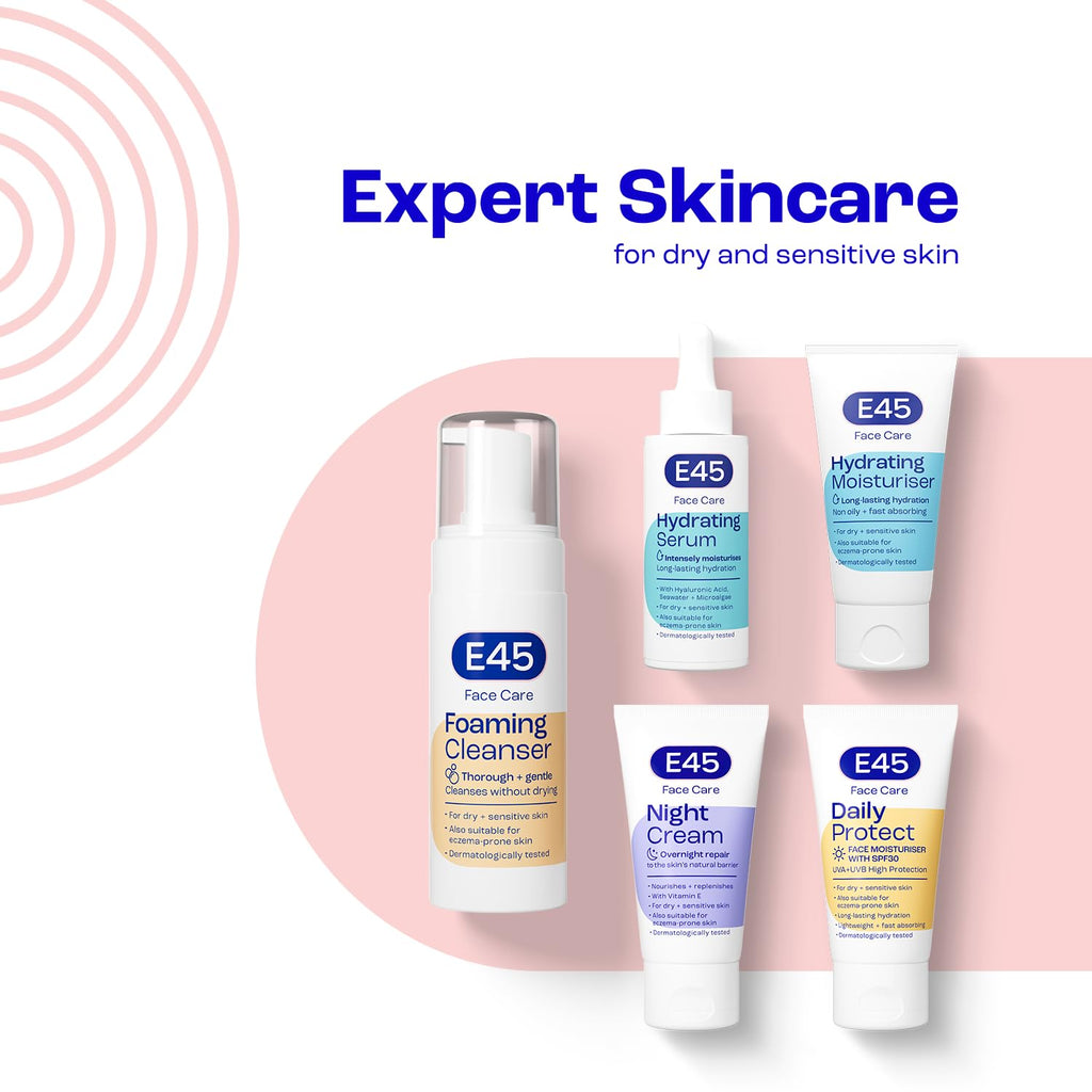 E45 Face Hydrating Serum - Instant 48-Hour Hyaluronic Acid Formula for Dry, Sensitive & Eczema Prone Skin - Rehydrating & Reinvigorating Serum - Perfume Free - Dermatologically Tested - 30ml - BBE 01/2028