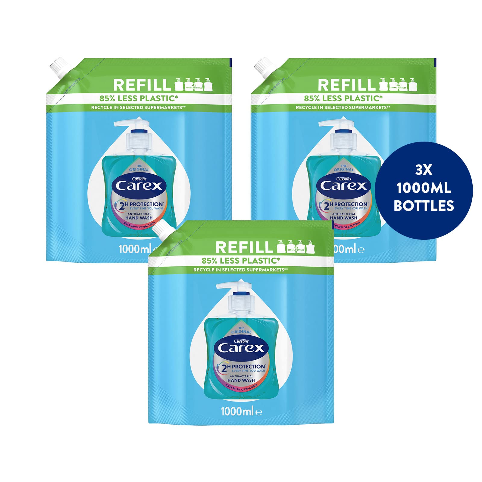 Carex 2 Hour Protection Antibacterial Moisture Hand Wash Refills, Liquid Hand Soap Eco Refill for Homes & Businesses, Caring Hand Wash, Bulk Buy, Pack of 3 x 1 litre - Damaged Box