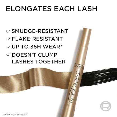 L'Or'eal Paris Mascara, Telescopic Original Mascara to Achieve Dramatic Black Length & Definition, Up to +71% Lengthening Effect, Smudge-Resistant and Long-Wearing Formula for Up to 36H Wear, 8ml