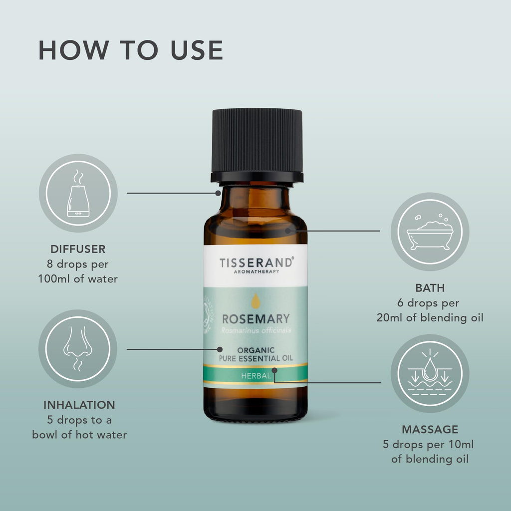 Tisserand Organic Rosemary Essential Oil 20ml - 100% Pure for Aromatherapy, Hair & Focus