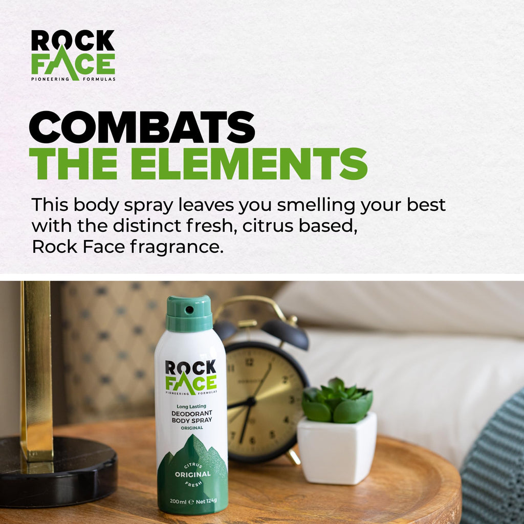 Rock Face Men's Body Spray - Original Fragrance Body Spray Deodorant for Men, 200ml, Fresh Citrus Scent, Long Lasting, Multipack of 6