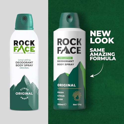 Rock Face Men's Body Spray - Original Fragrance Body Spray Deodorant for Men, 200ml, Fresh Citrus Scent, Long Lasting, Multipack of 6