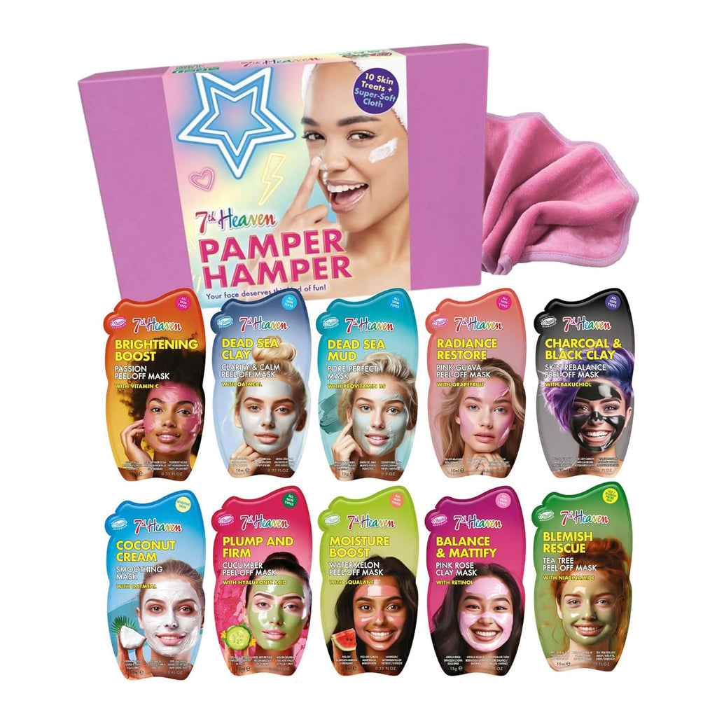 7th Heaven Luxury Pamper Hamper - 10 Face Masks & Spatula - Beauty Gift Set for Women - Skincare Set with Peel-Off, Clay & Hydrating Masks - Spa Experience at Home Skin Care - Damaged Box