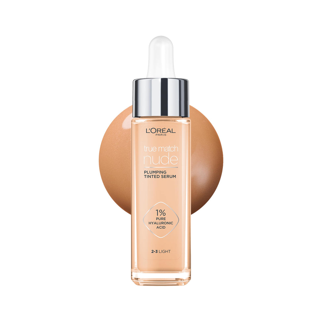 L'Oreal Paris True Match Nude Plumping Tinted Serum, 1% Hyaluronic Acid, Instantly Evens, Brightens, and Hydrates Skin Shade 2-3, Light - Damaged Box