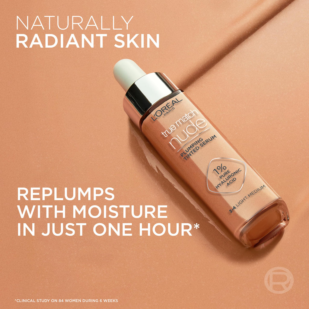 L'Oreal Paris True Match Nude Plumping Tinted Serum, 1% Hyaluronic Acid, Instantly Evens, Brightens, and Hydrates Skin Shade 2-3, Light - Damaged Box