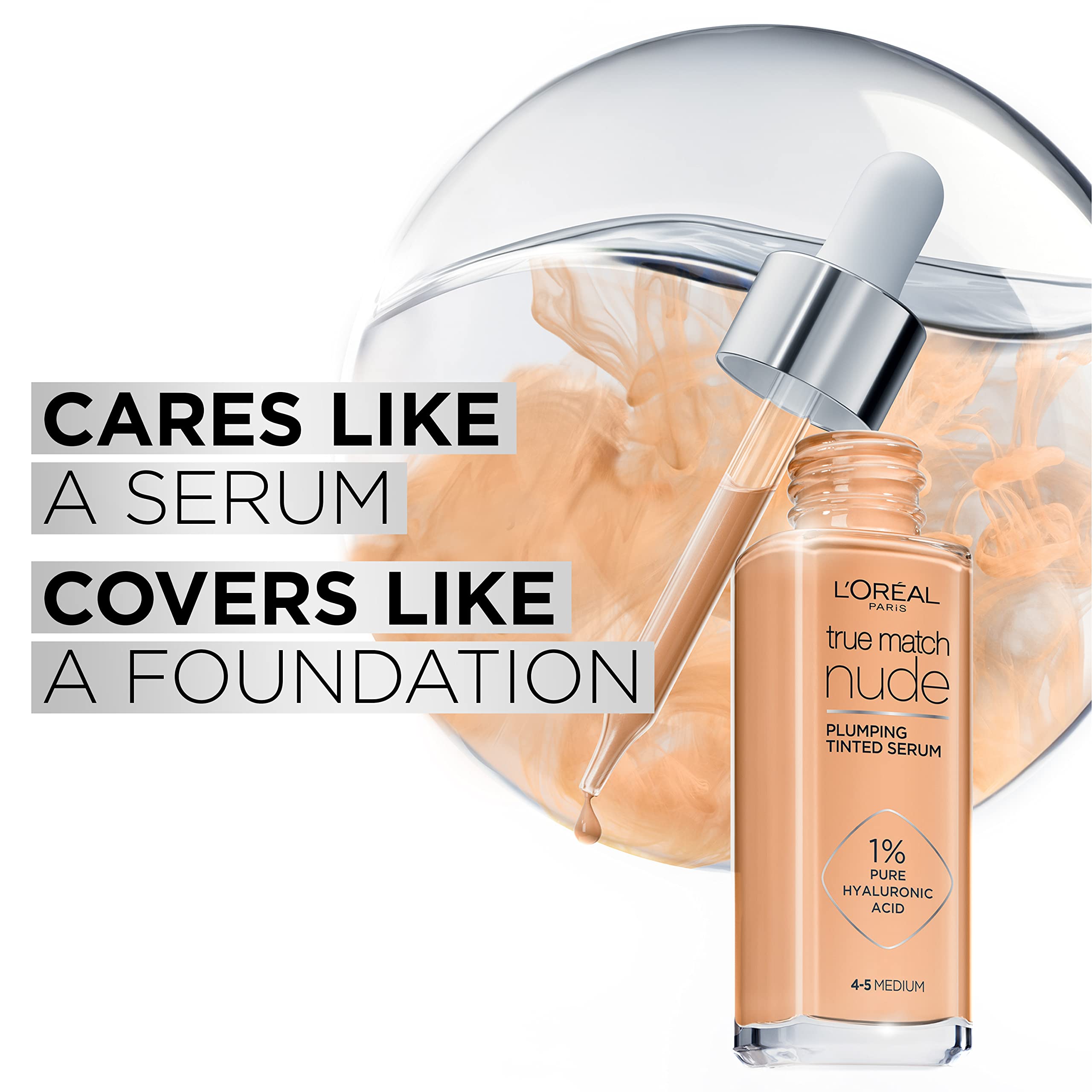 L'Oreal Paris True Match Nude Plumping Tinted Serum, 1% Hyaluronic Acid, Instantly Evens, Brightens, and Hydrates Skin Shade 2-3, Light - Damaged Box