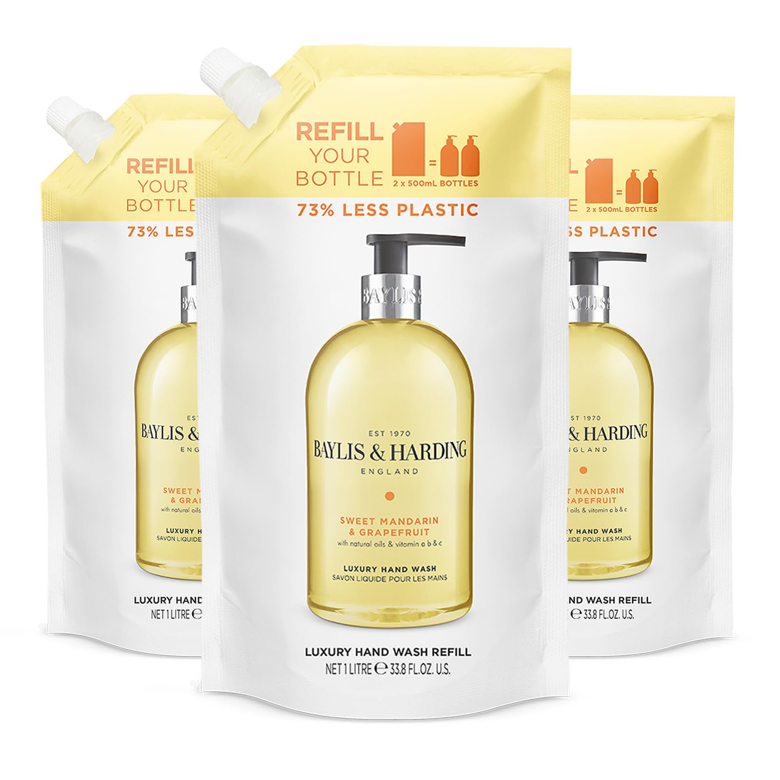 Baylis & Harding Sweet Mandarin & Grapefruit Hand Wash 1 Litre Refill Pouch (Pack of 3) - Vegan Friendly - Damaged Box