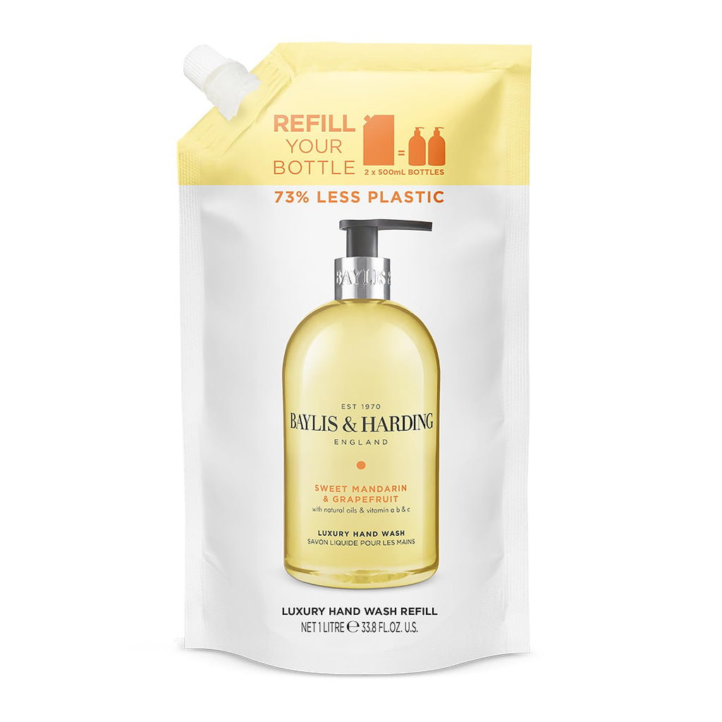 Baylis & Harding Sweet Mandarin & Grapefruit Hand Wash 1 Litre Refill Pouch (Pack of 3) - Vegan Friendly - Damaged Box
