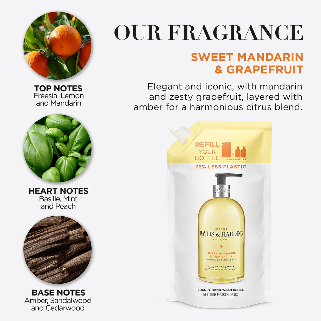 Baylis & Harding Sweet Mandarin & Grapefruit Hand Wash 1 Litre Refill Pouch (Pack of 3) - Vegan Friendly - Damaged Box