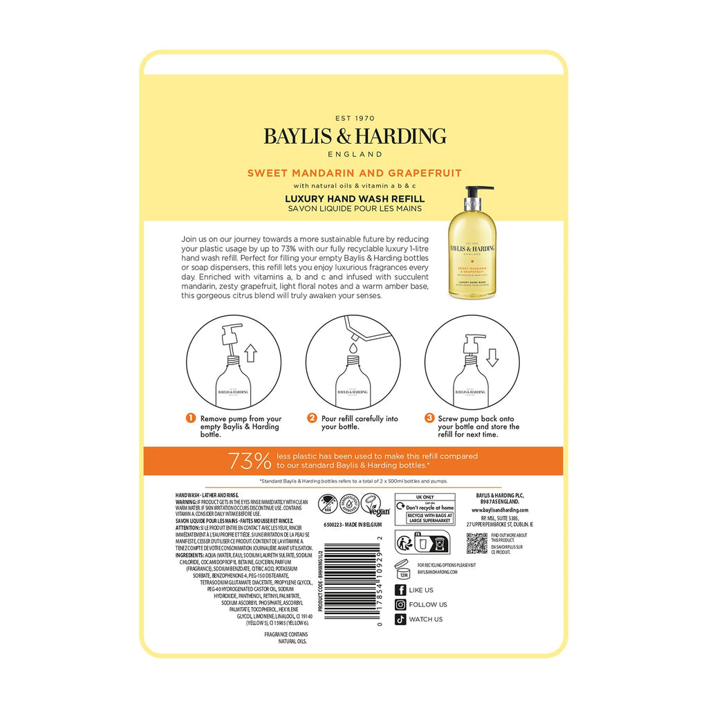 Baylis & Harding Sweet Mandarin & Grapefruit Hand Wash 1 Litre Refill Pouch (Pack of 3) - Vegan Friendly - Damaged Box