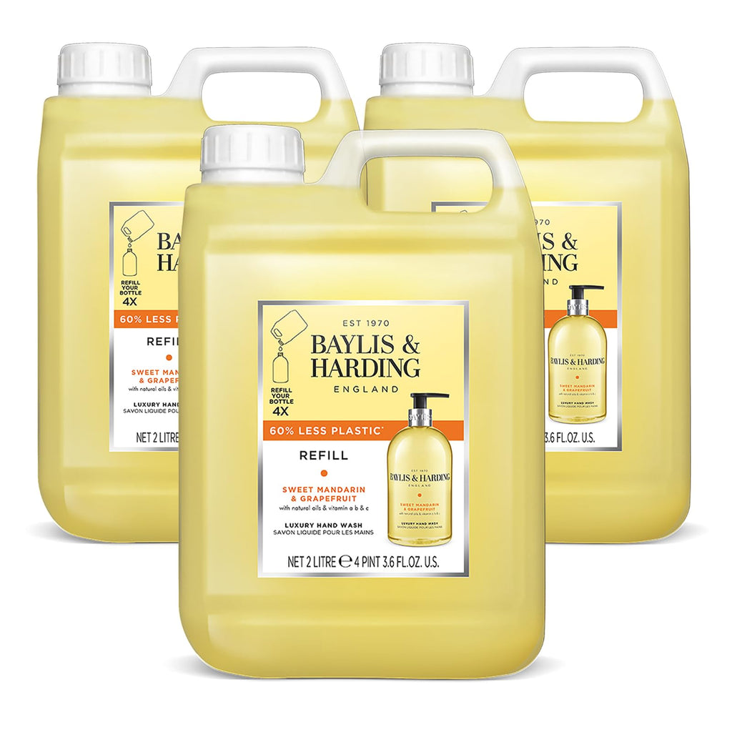 Baylis & Harding Sweet Mandarin & Grapefruit Hand Wash 1 Litre Refill Pouch (Pack of 3) - Vegan Friendly - Damaged Box