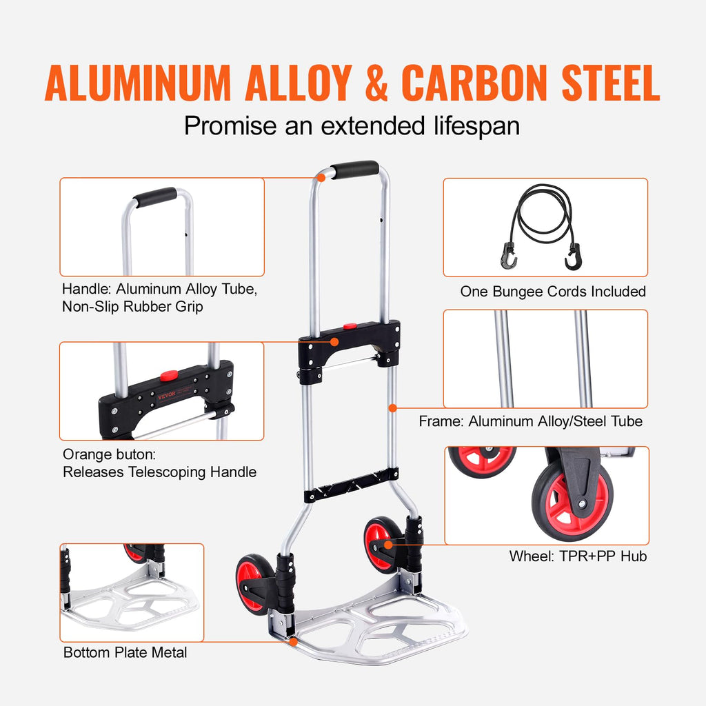 VEVOR Folding Hand Truck — 176 lbs Load Capacity, Portable Aluminium Cart Dolly with Telescoping Handle, Rubber Wheels - Like New