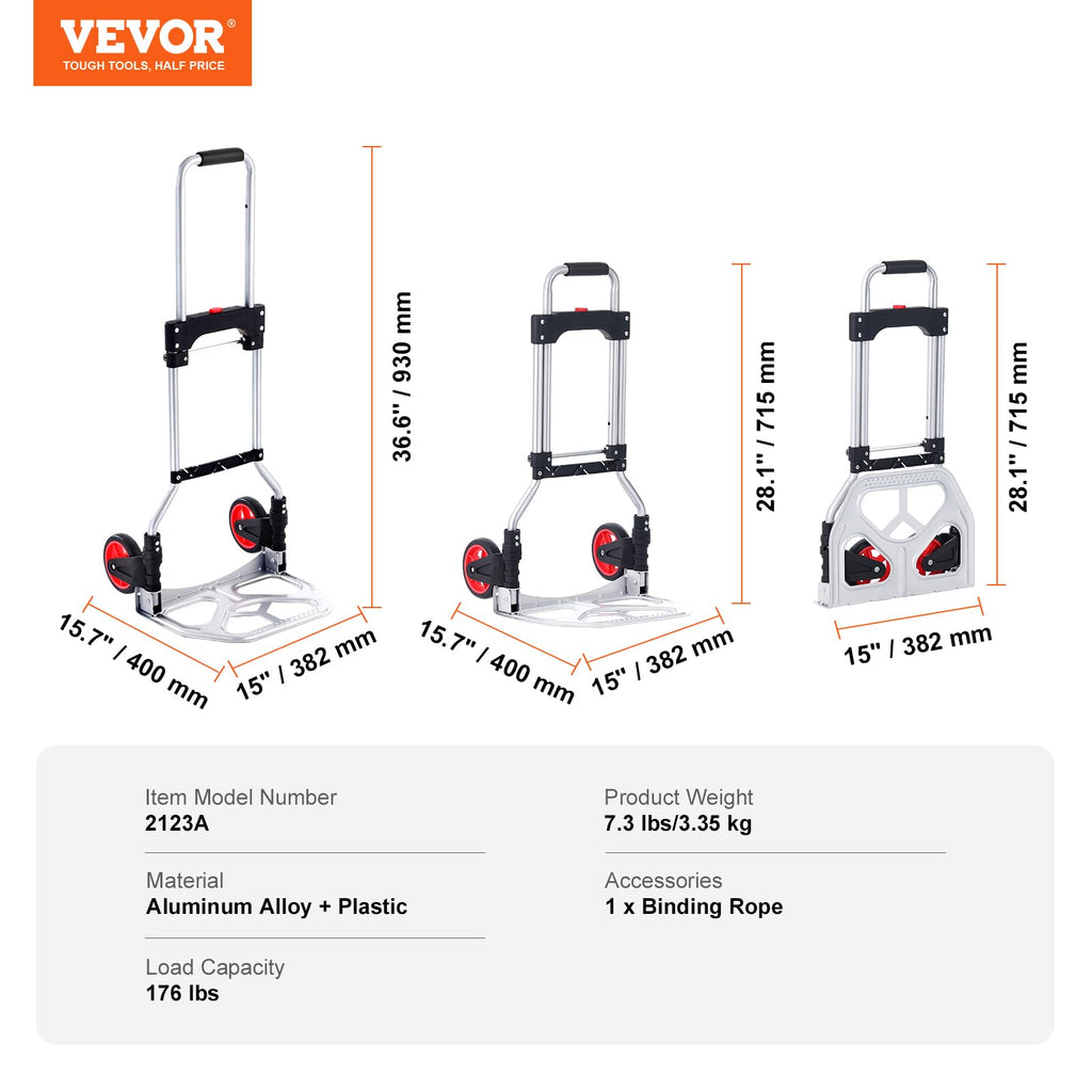 VEVOR Folding Hand Truck — 176 lbs Load Capacity, Portable Aluminium Cart Dolly with Telescoping Handle, Rubber Wheels - Like New