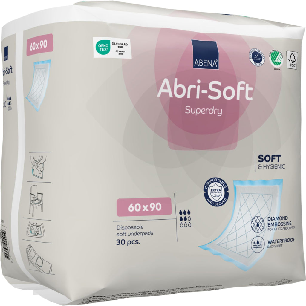 ABENA Abri-Soft Superdry Disposable Incontinence Bed Pads 60x90 cm - Pack of 30 Eco-Labelled Underpads for Leak Protection - Damaged Box