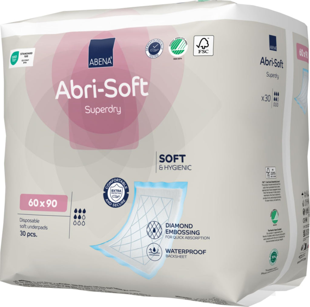 ABENA Abri-Soft Superdry Disposable Incontinence Bed Pads 60x90 cm - Pack of 30 Eco-Labelled Underpads for Leak Protection - Damaged Box