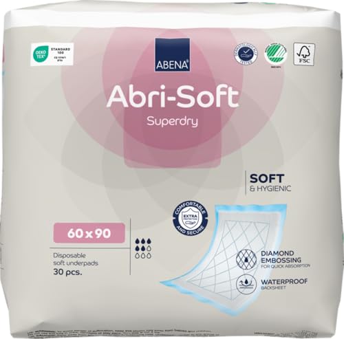 ABENA Abri-Soft Superdry Disposable Incontinence Bed Pads 60x90 cm - Pack of 30 Eco-Labelled Underpads for Leak Protection - Damaged Box