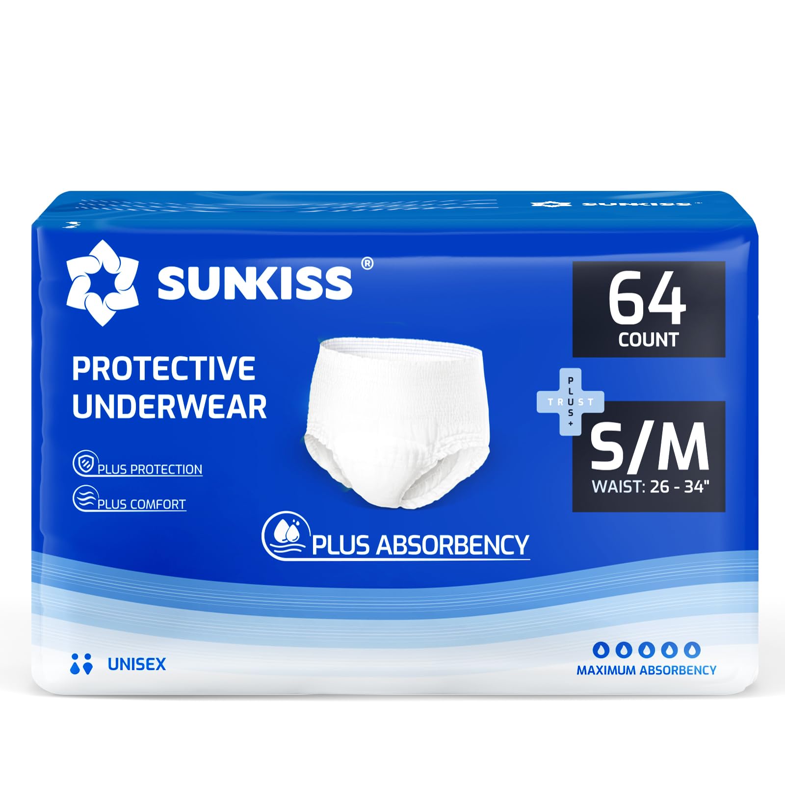 SUNKISS TrustPlus Incontinence Pants, Adult Pull Ups, Disposable Protective Underwear, S/M, 64 Count