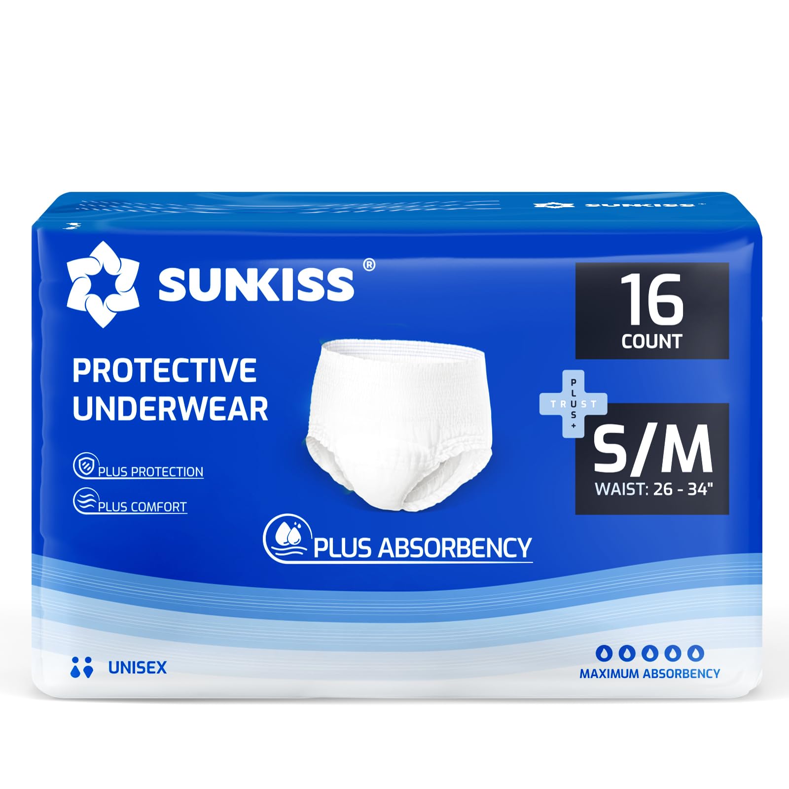 SUNKISS TrustPlus Incontinence Pants, Adult Pull Ups, Disposable Protective Underwear, S/M, 64 Count
