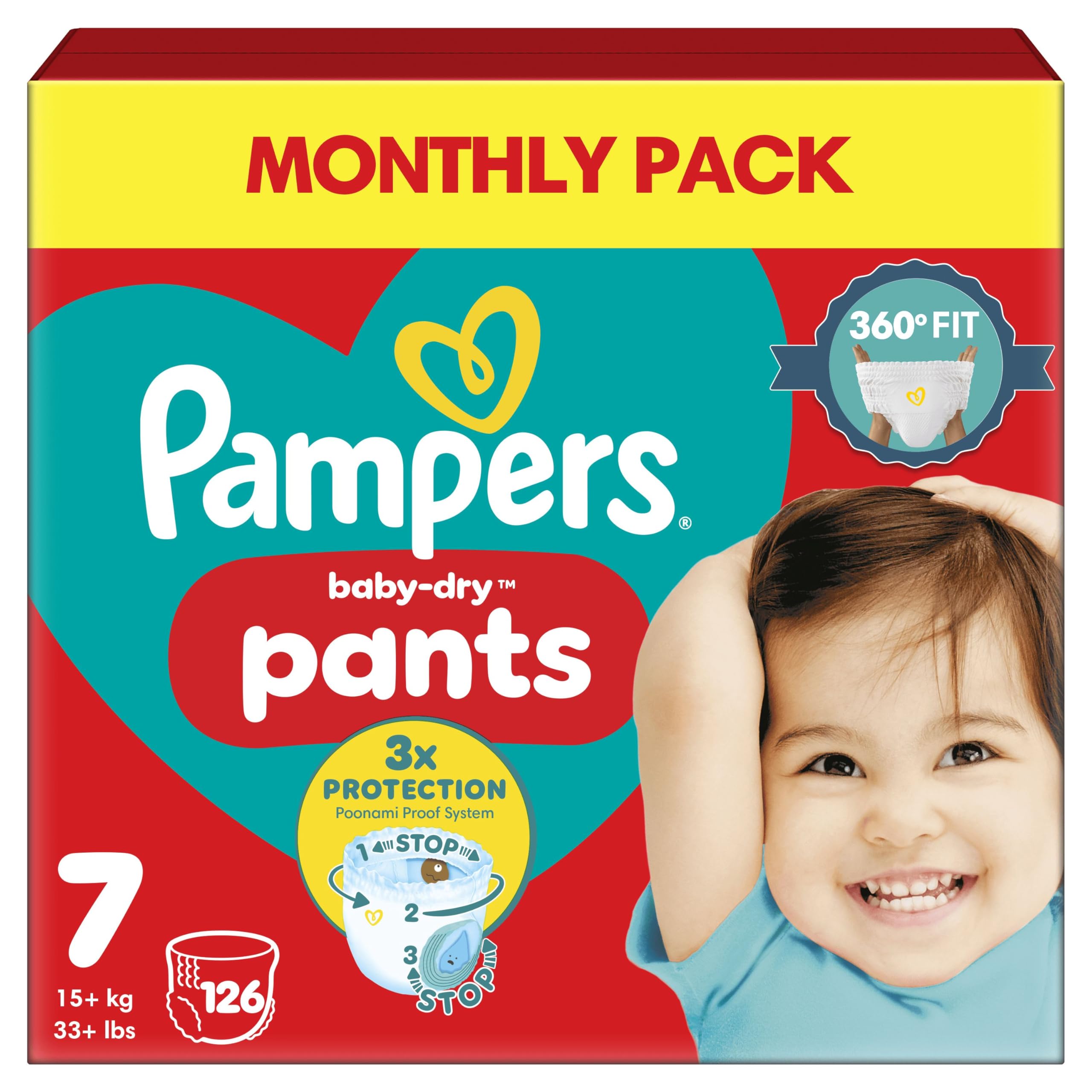 Pampers Baby-Dry Nappy Pants Size 7, 126 Nappies, 15kg+, Monthly Pack, 360° Fit, Leak Protection - Damaged Box