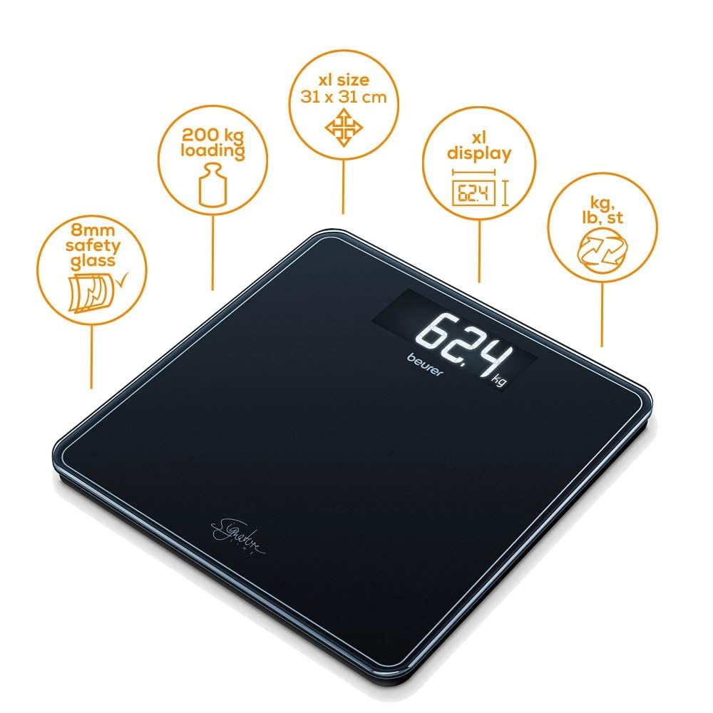 Beurer GS400 Signature Line Glass Bathroom Scale - Black, 200kg Capacity, XL Digital Display, Safety Glass