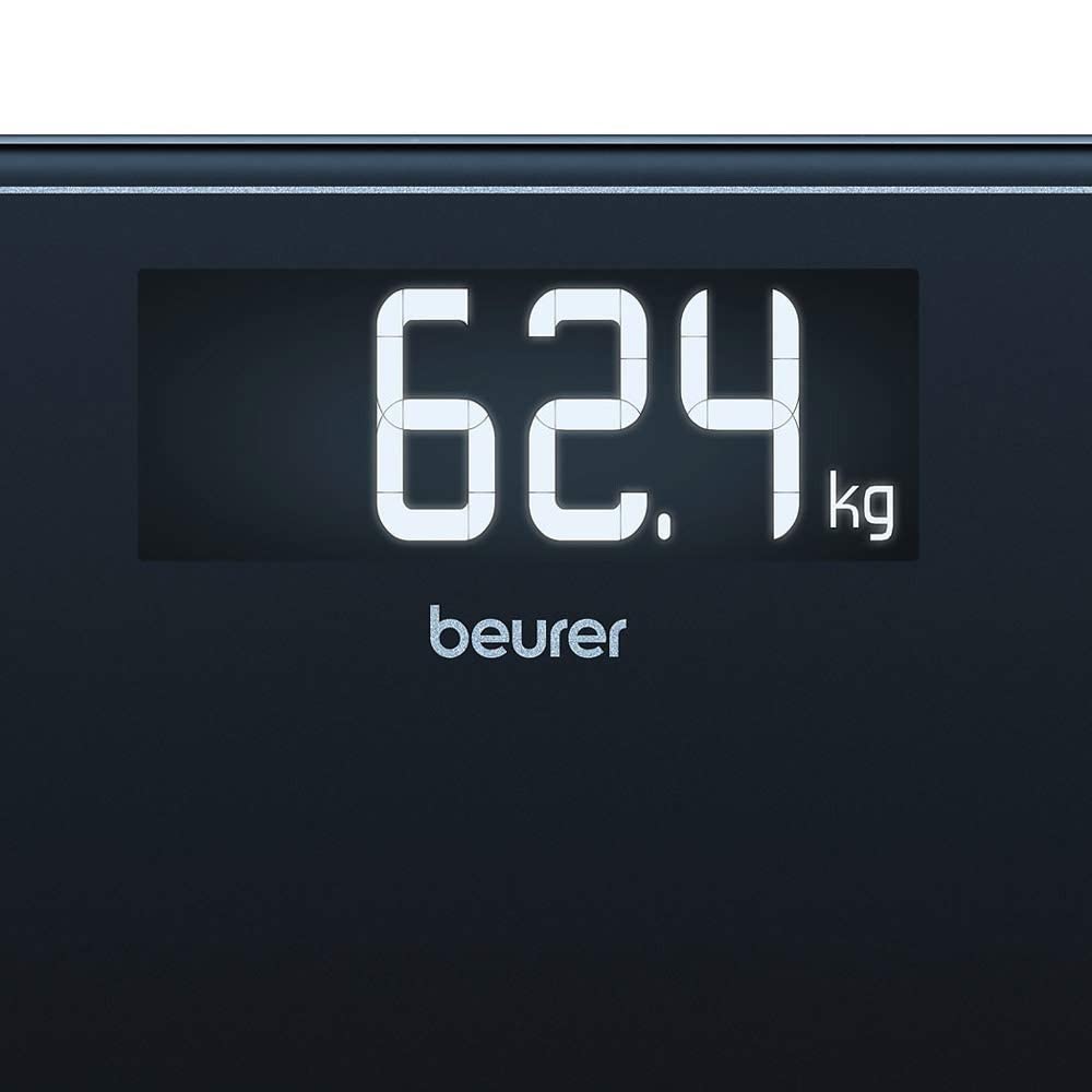 Beurer GS400 Signature Line Glass Bathroom Scale - Black, 200kg Capacity, XL Digital Display, Safety Glass