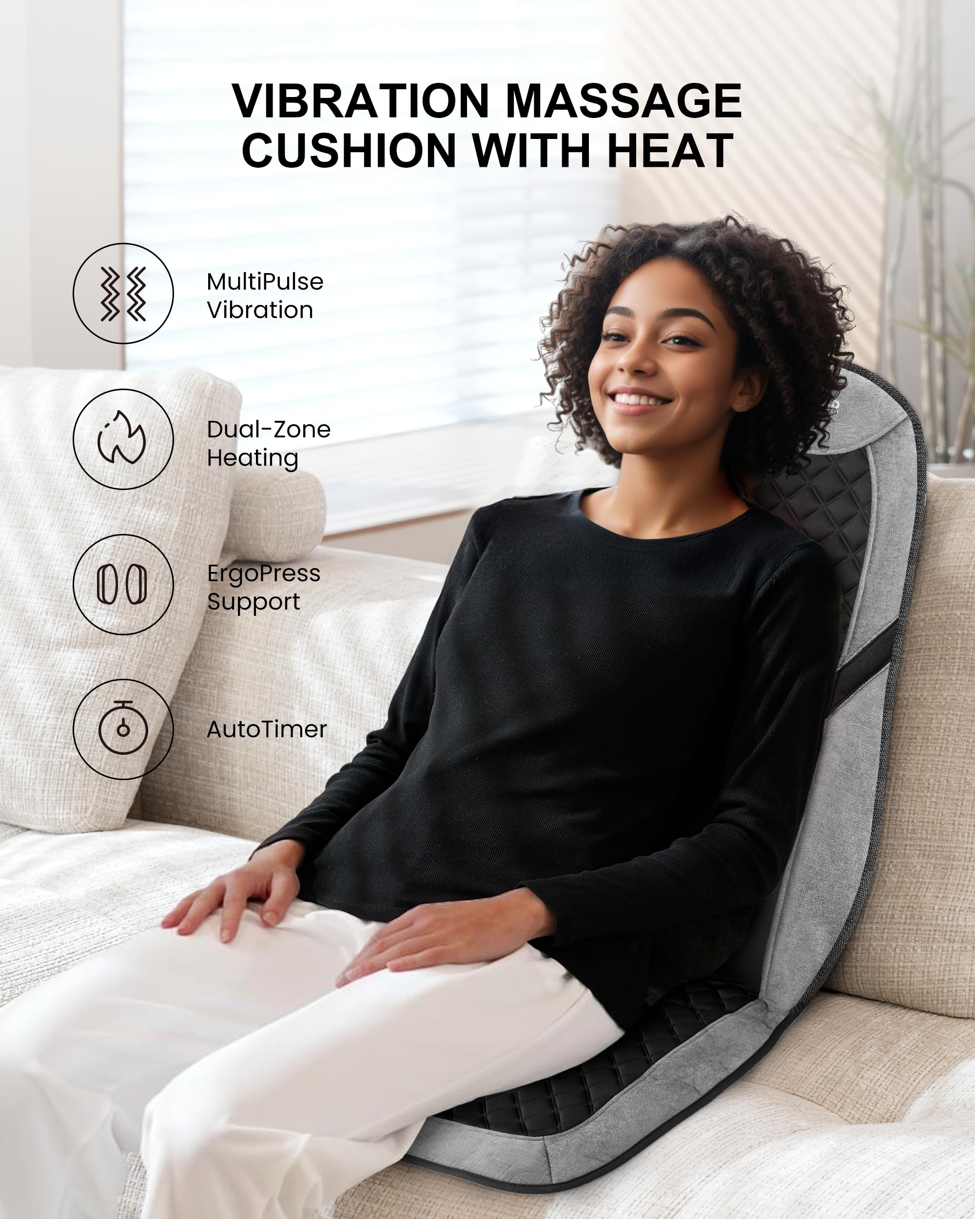 COMFIER Back Massager with Heat for Pain Relief - Massage Chair Pad, Lumbar Support, 10 Vibration Motors, 5 Modes, Seat Cushion
