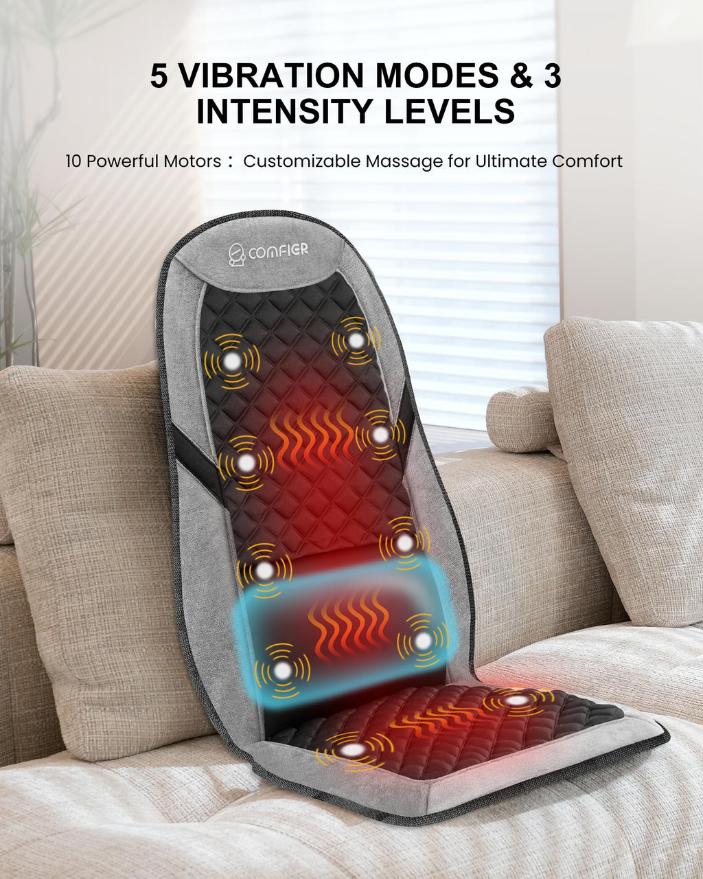 COMFIER Back Massager with Heat for Pain Relief - Massage Chair Pad, Lumbar Support, 10 Vibration Motors, 5 Modes, Seat Cushion