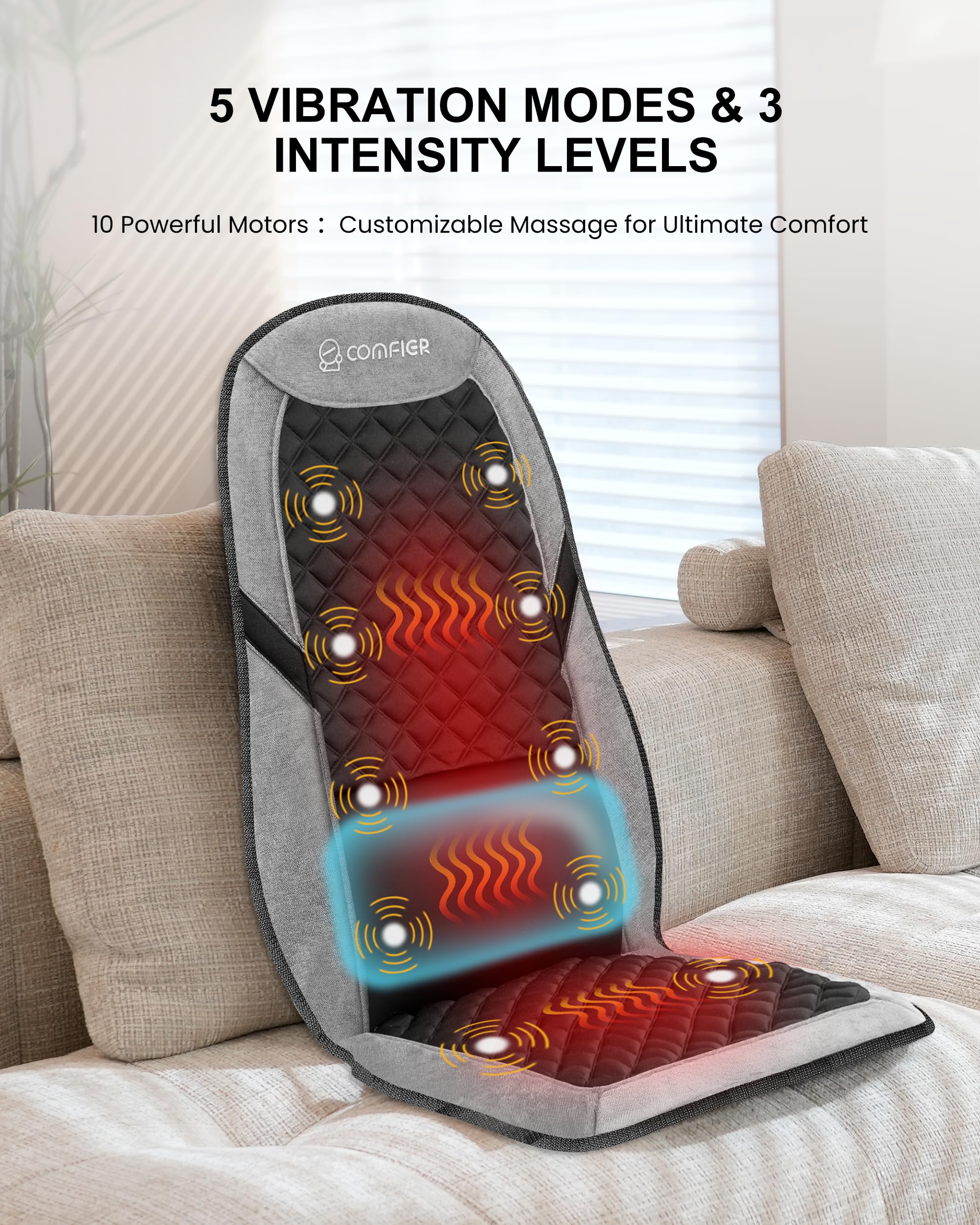 COMFIER Back Massager with Heat for Pain Relief - Massage Chair Pad, Lumbar Support, 10 Vibration Motors, 5 Modes, Seat Cushion