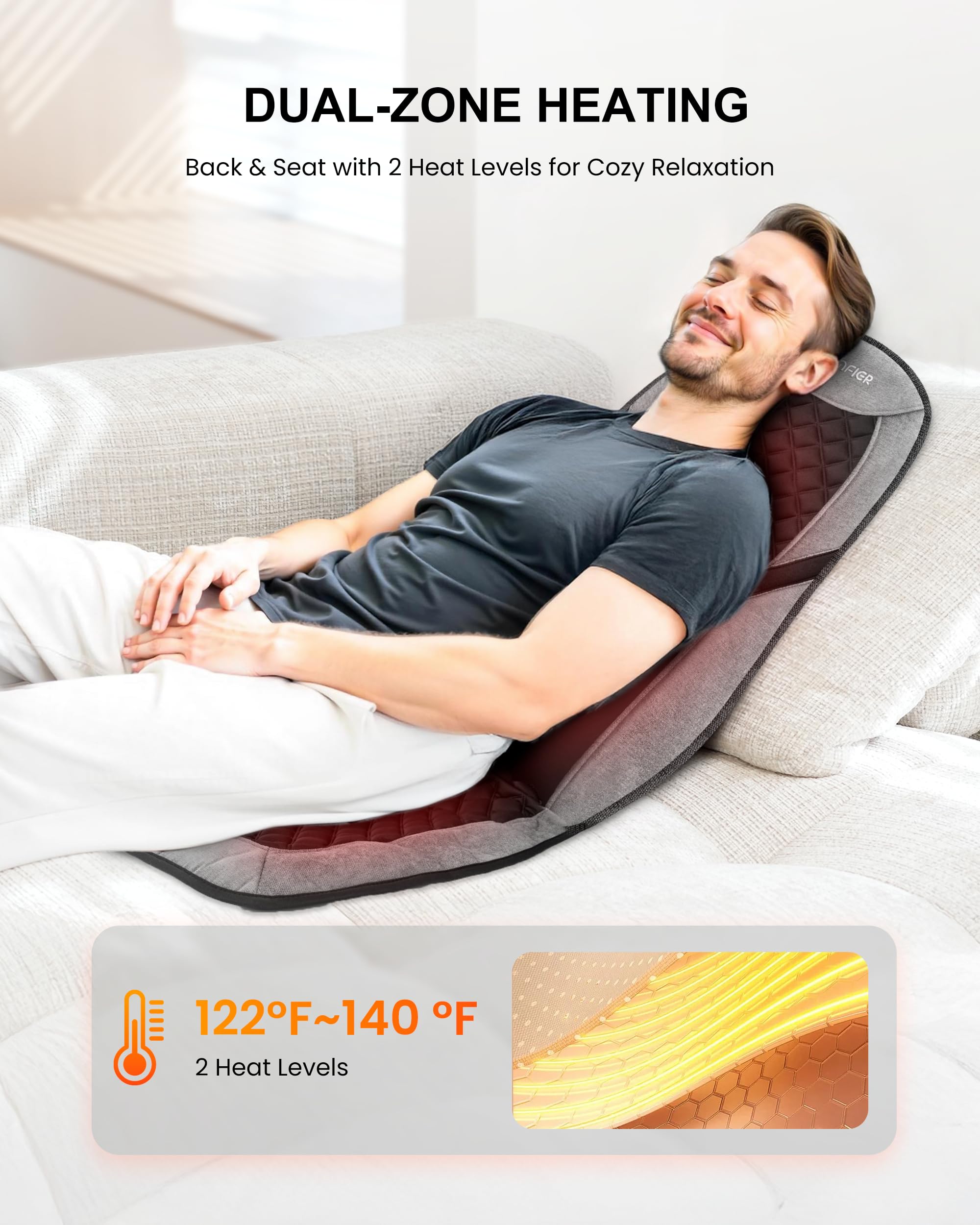 COMFIER Back Massager with Heat for Pain Relief - Massage Chair Pad, Lumbar Support, 10 Vibration Motors, 5 Modes, Seat Cushion