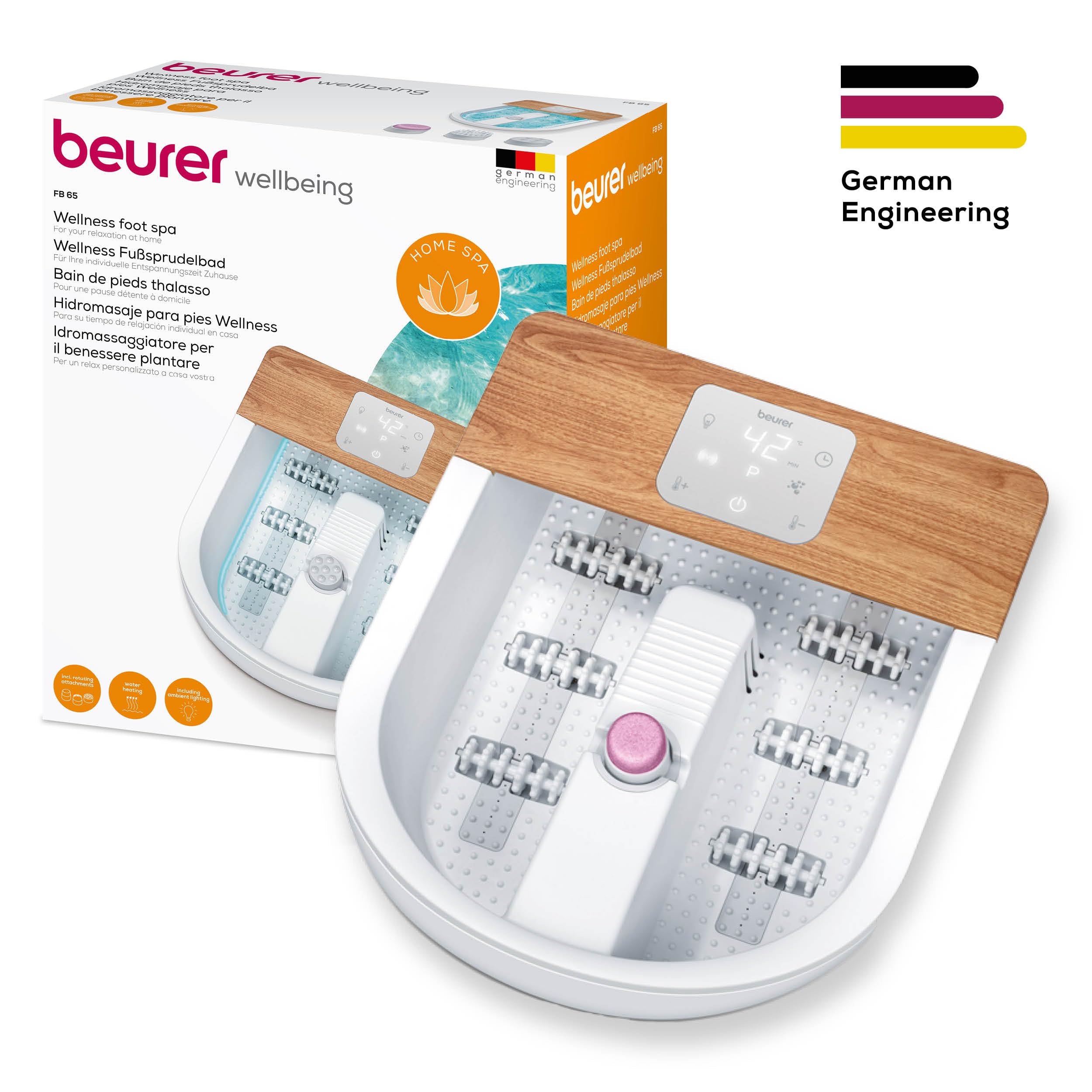 Beurer FB65UK Wellness Foot Spa - 8-Level Heater, Touch Screen, 3 Pedicure Attachments, Bubble & Vibration Massage, Ambient Lighting - Damaged Box