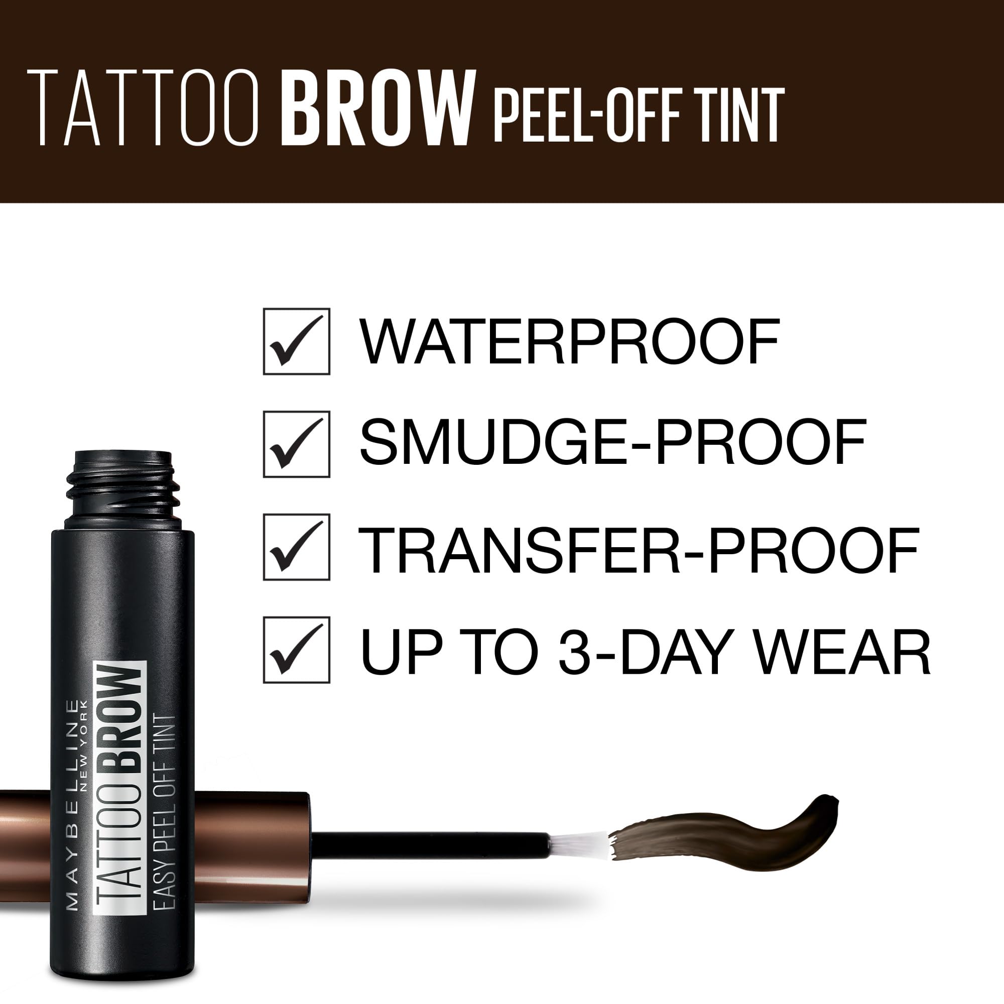 Maybelline New York Tattoo Brow Peel Off Eyebrow Gel Tint, Semi-Permanent Colour, Waterproof, Lasts up to 3 Days, Colour: Dark Brown - Damaged Box