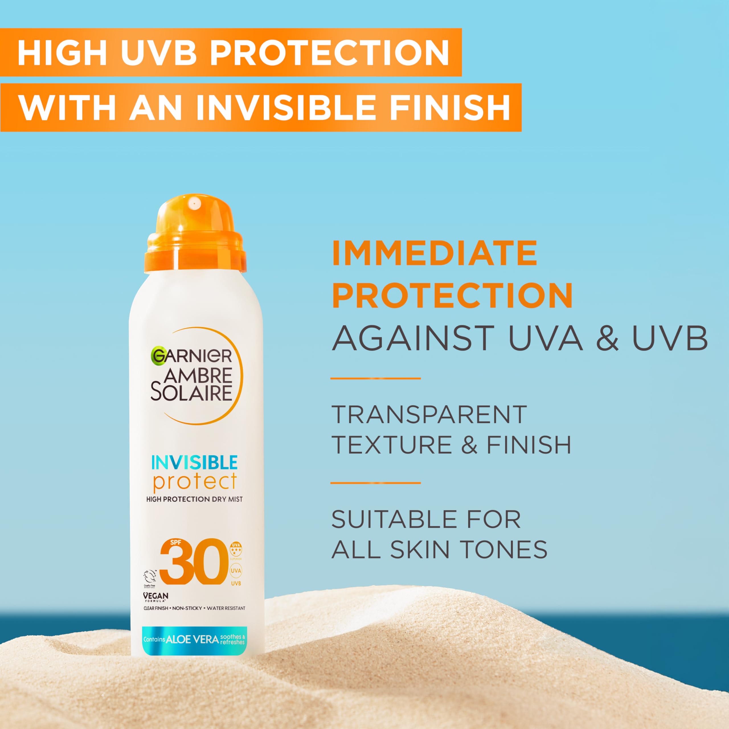 Garnier Ambre Solaire Face SPF Invisible Protect Dry Mist SPF 30, Fast Absorbing, High UVA & UVB Protection, Water Resistant, Invisible Finish, Non-Sticky 150ml