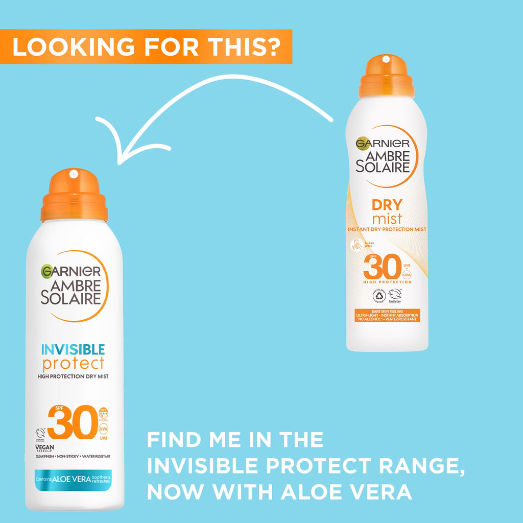 Garnier Ambre Solaire Face SPF Invisible Protect Dry Mist SPF 30, Fast Absorbing, High UVA & UVB Protection, Water Resistant, Invisible Finish, Non-Sticky 150ml
