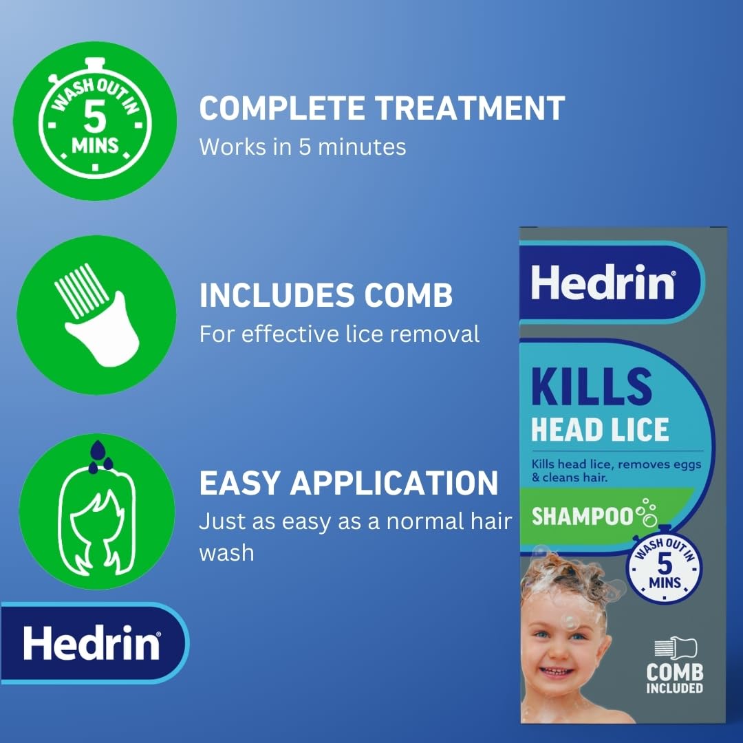 Hedrin Head Lice Shampoo and Comb Kit, Kills Head Lice and Eggs in 5 Minutes, 4 Treatments, Clinically Tested, Suitable for Adults and Children, 100ml, (Formerly All-in-One - Packaging May Vary) - Damaged Box - BBE 02/2028