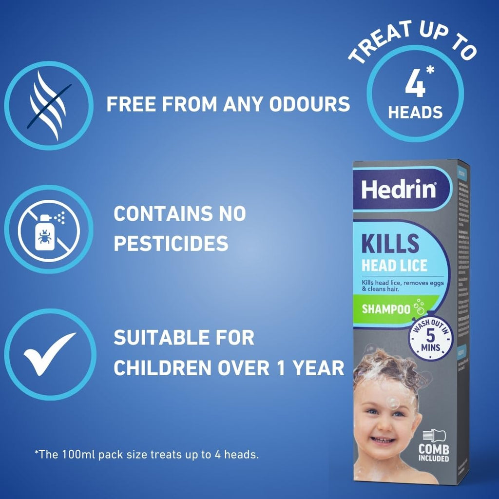 Hedrin Head Lice Shampoo and Comb Kit, Kills Head Lice and Eggs in 5 Minutes, 4 Treatments, Clinically Tested, Suitable for Adults and Children, 100ml, (Formerly All-in-One - Packaging May Vary) - Damaged Box - BBE 02/2028