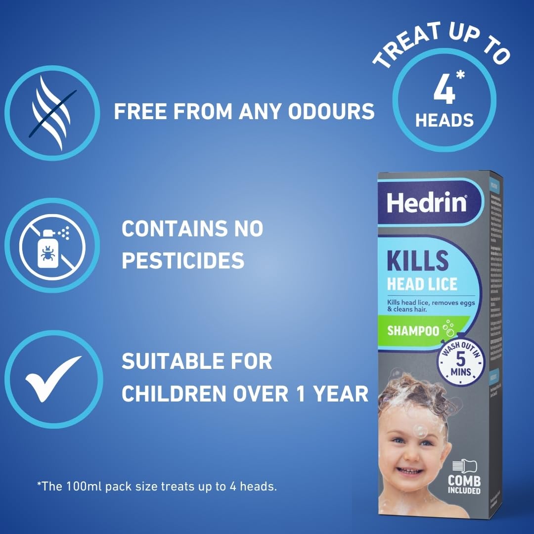 Hedrin Head Lice Shampoo and Comb Kit, Kills Head Lice and Eggs in 5 Minutes, 4 Treatments, Clinically Tested, Suitable for Adults and Children, 100ml, (Formerly All-in-One - Packaging May Vary) - Damaged Box - BBE 02/2028