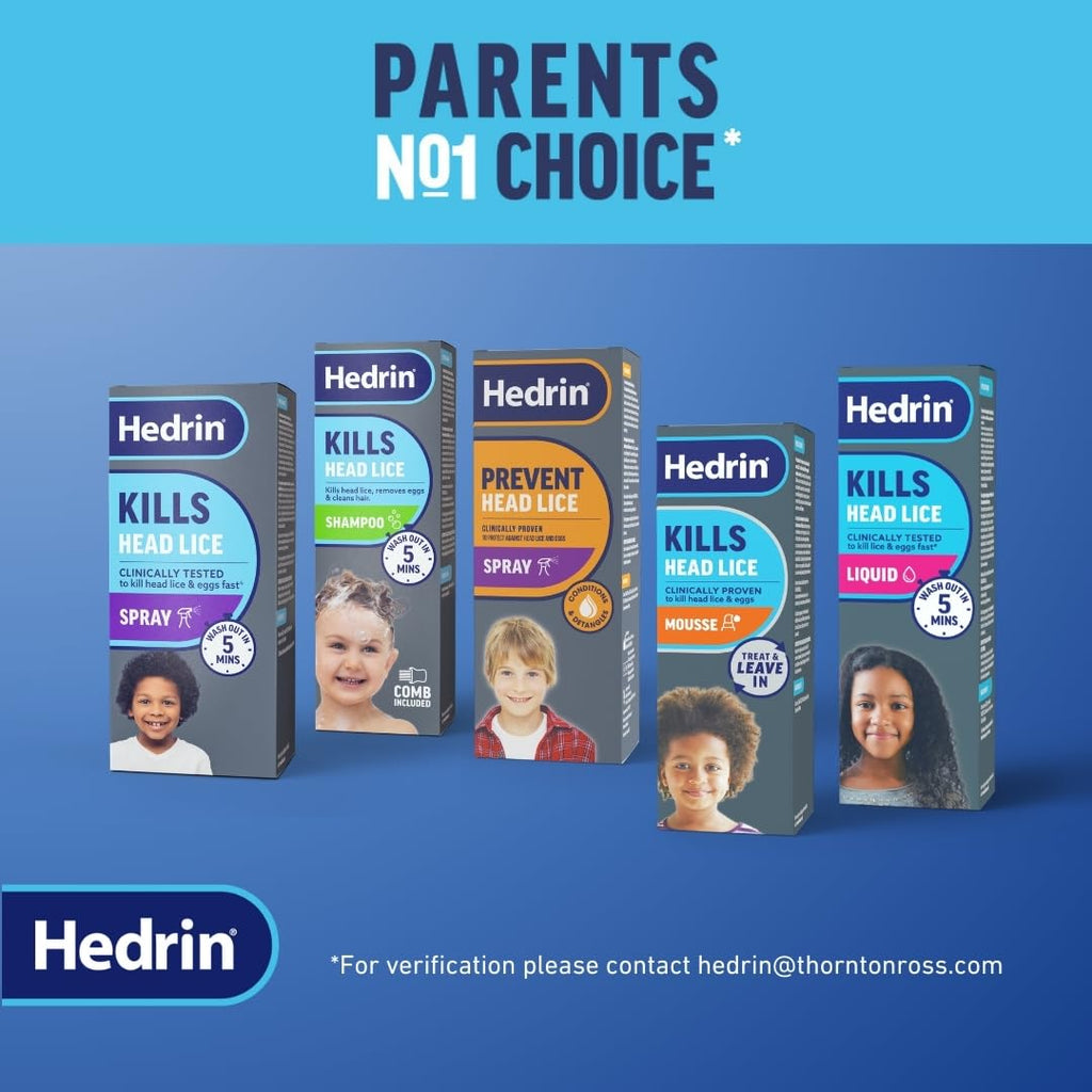 Hedrin Head Lice Shampoo and Comb Kit, Kills Head Lice and Eggs in 5 Minutes, 4 Treatments, Clinically Tested, Suitable for Adults and Children, 100ml, (Formerly All-in-One - Packaging May Vary) - Damaged Box - BBE 02/2028
