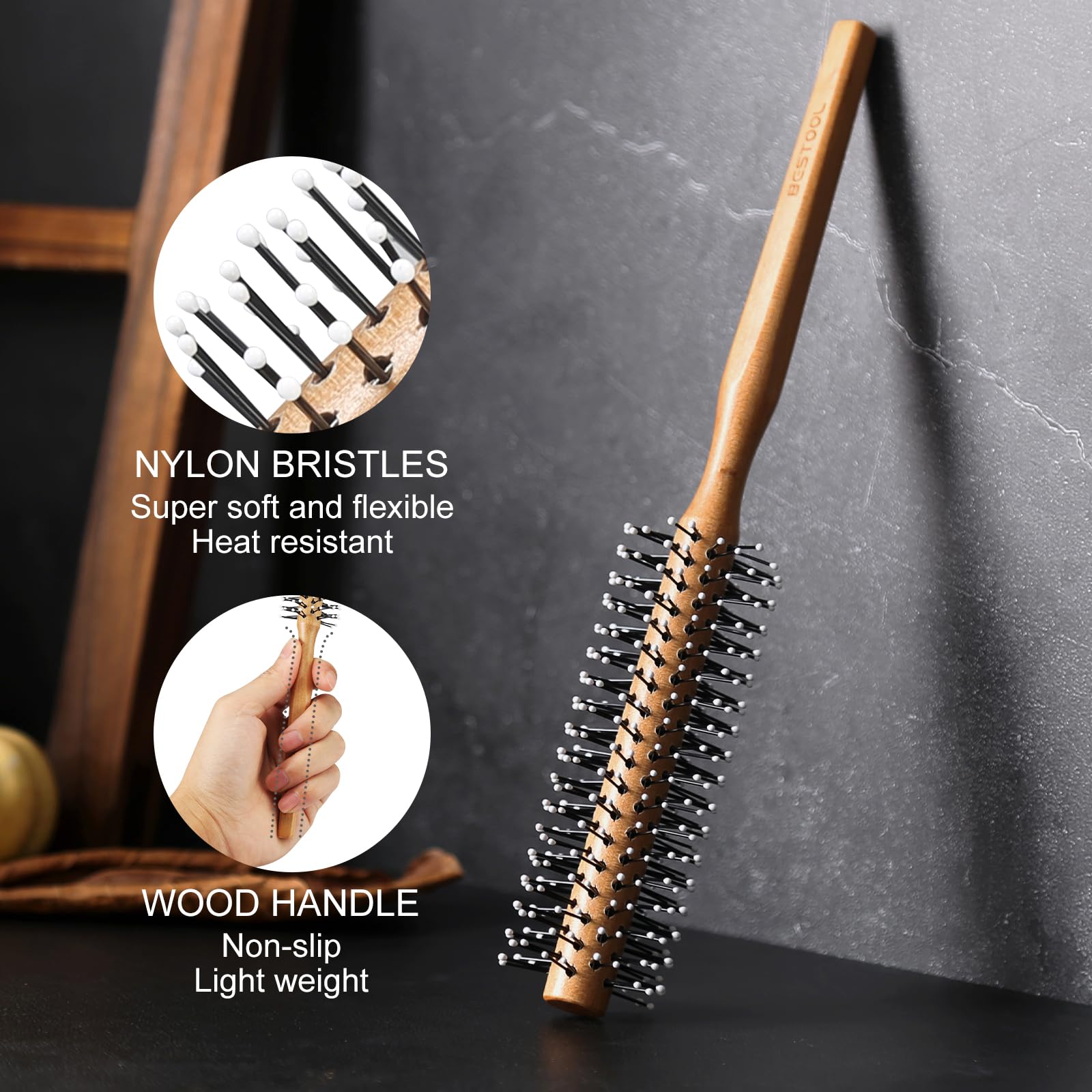 BESTOOL Small Round Brush for Short Hair, Round Hair Brushes for Blow Drying, Men Beard Brush, Professional Styling Brush for Smoothing, Curls, Bangs (Natural) - Damaged Box