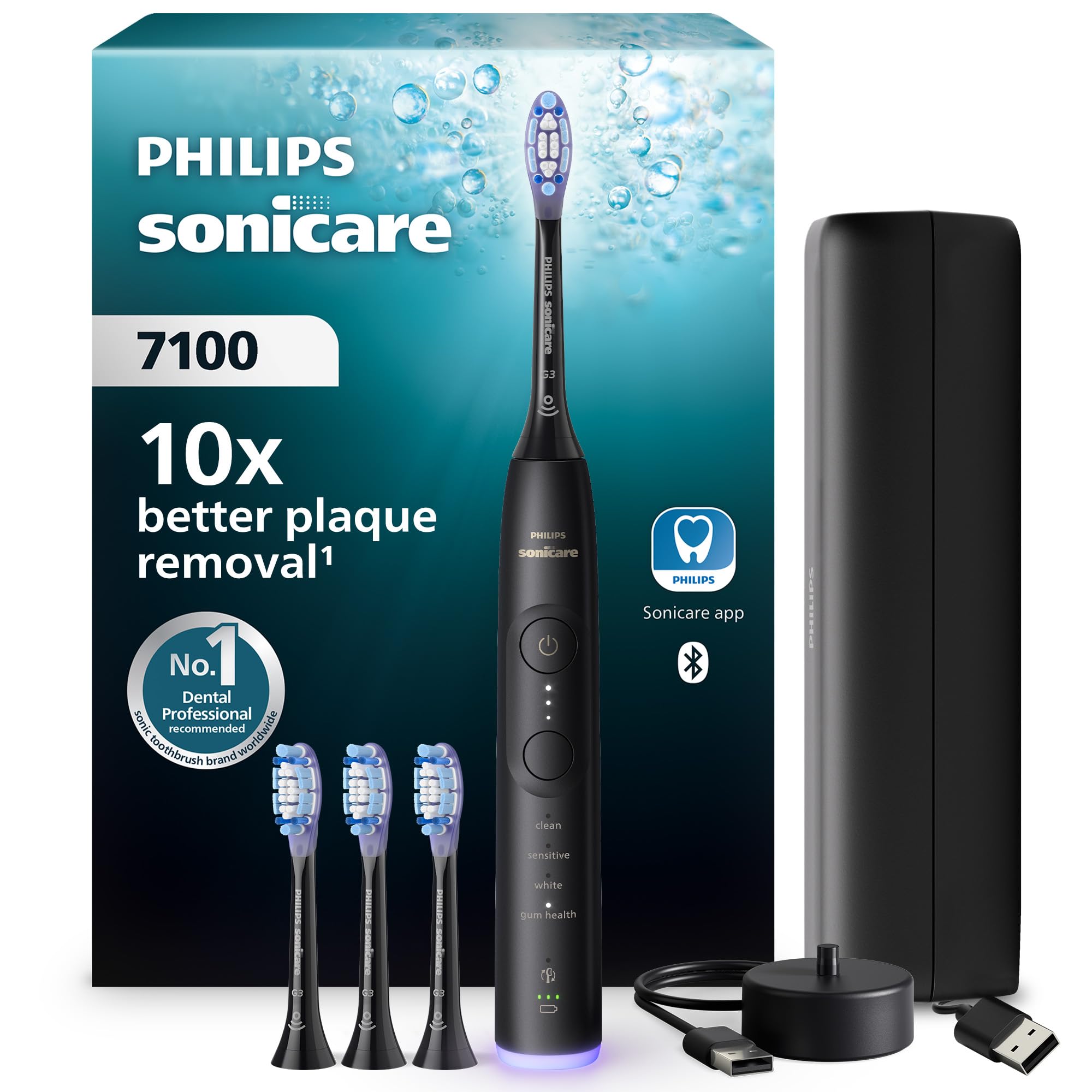 Philips Sonicare 7100 Electric Toothbrush, Sonic Toothbrush with App, 4 Brushing Modes and 3 Intensity Levels, Pressure Alert, EasyStart, SmarTimer, Navy Blue, Model HX7421/08 [No Box] - Damaged Box