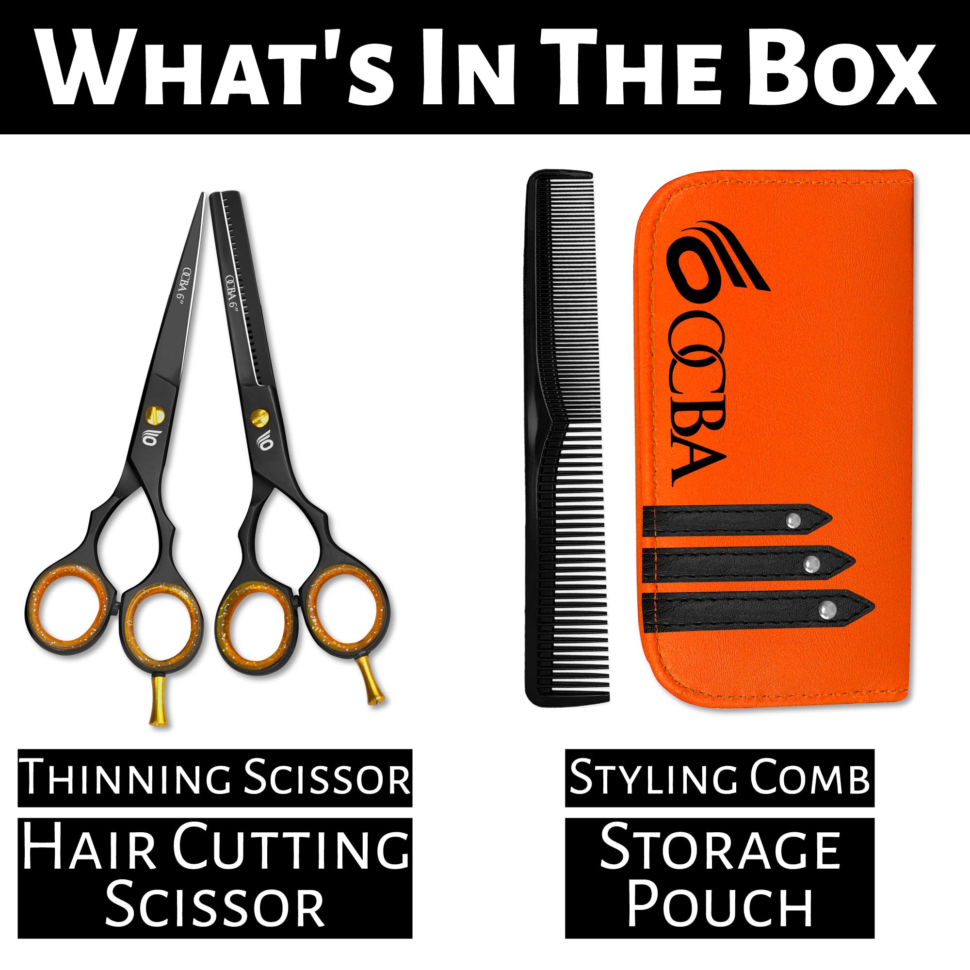 OCBA Professional Hairdressing Scissor Sharp Hair Cutting Scissors for Barbers Hairdressers & Stylists Beard & Haircut Scissors for Men & Women (Classic Black Set) - Damaged Box