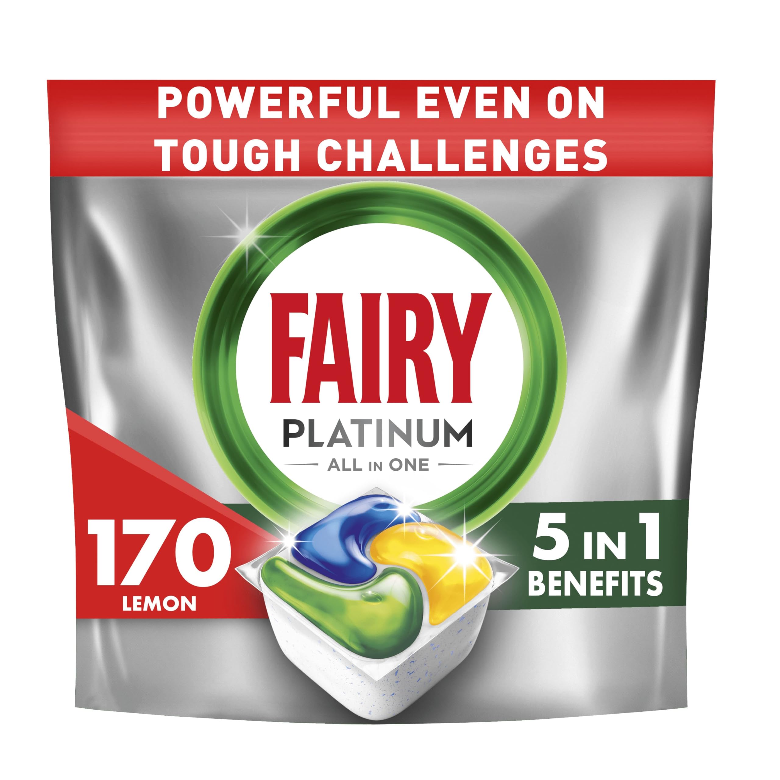 Fairy Platinum Dishwasher Tablets Lemon 170 Capsules - Powerful Cleaning, Shiny Dishes & Machine, Greasy Filter Clean - Like New
